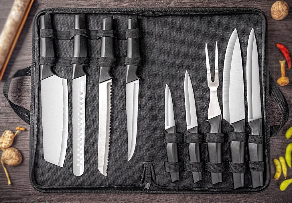 9-Piece Stainless Steel Kitchen Knife Set with Chef's Knife, Forks & Portable Storage Bag - Perfect for Home Cooking, Outdoor Picnics & Camping