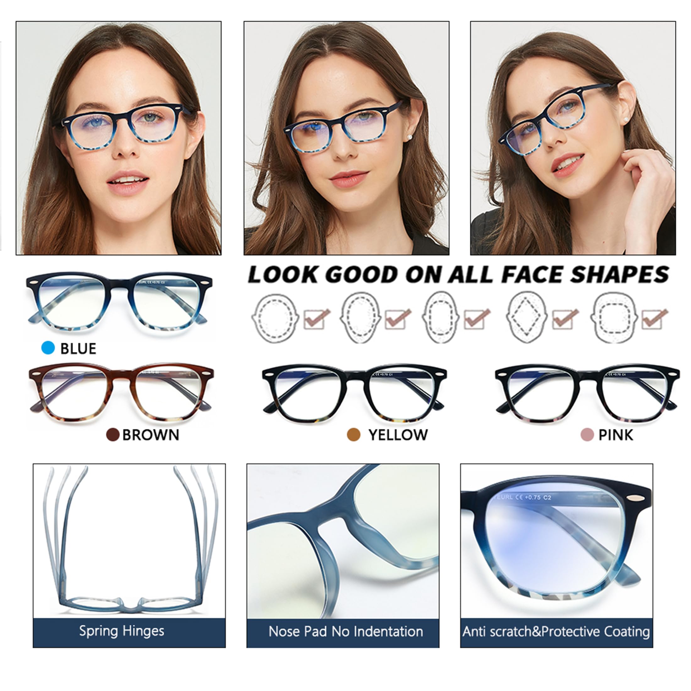 EYEURL 4-Pack Blue Light Blocking Reading Glasses - Anti Glare Computer Glasses for Women & Men with Round Frame - Perfect for Office Work, Screen Time & Digital Eye Strain Relief