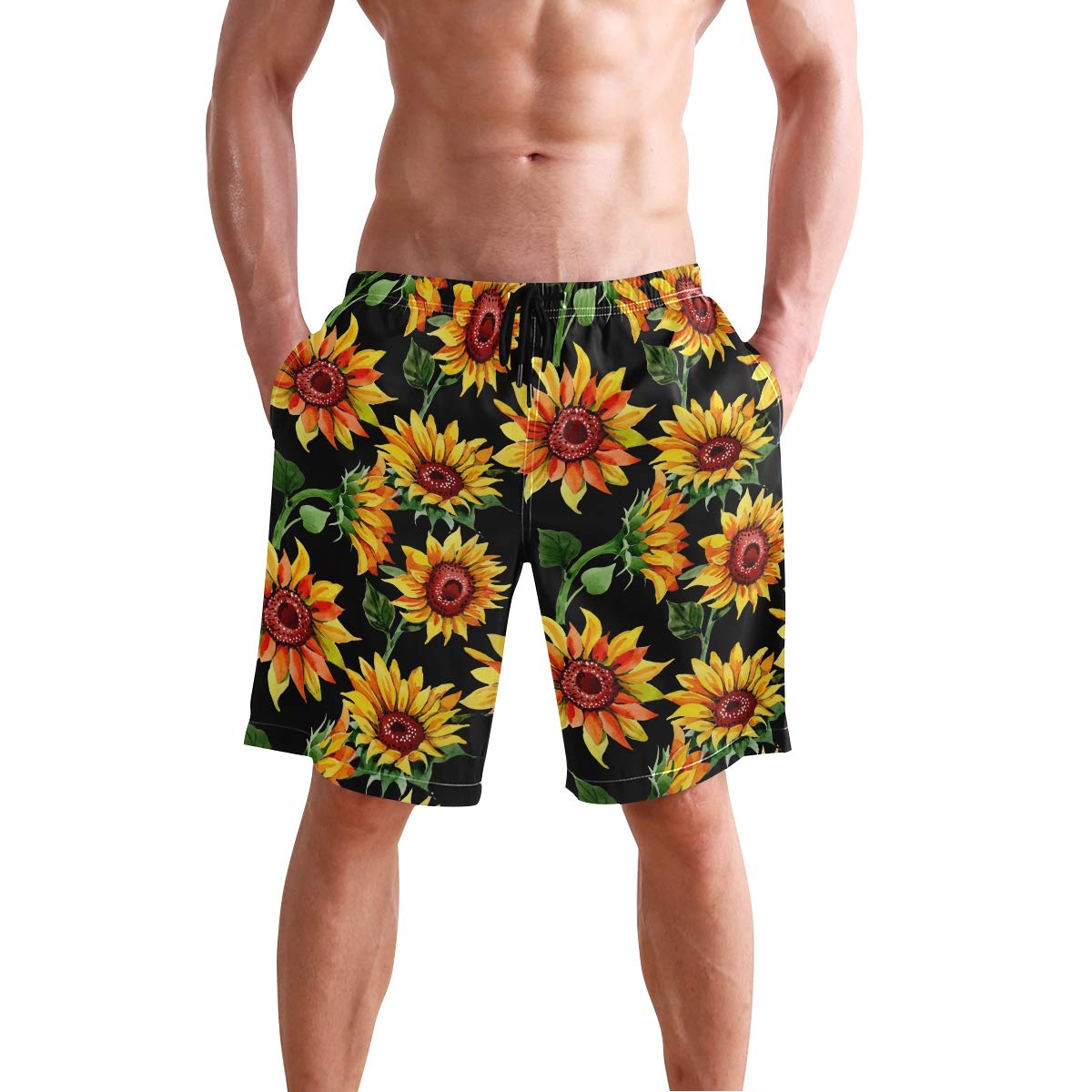 WIHVE Men's Beach Swim Trunks - Watercolor Sunflower Print Quick-Dry Board Shorts with Pockets | Swimming, Surfing, Vacation & Summer Outdoor Activities