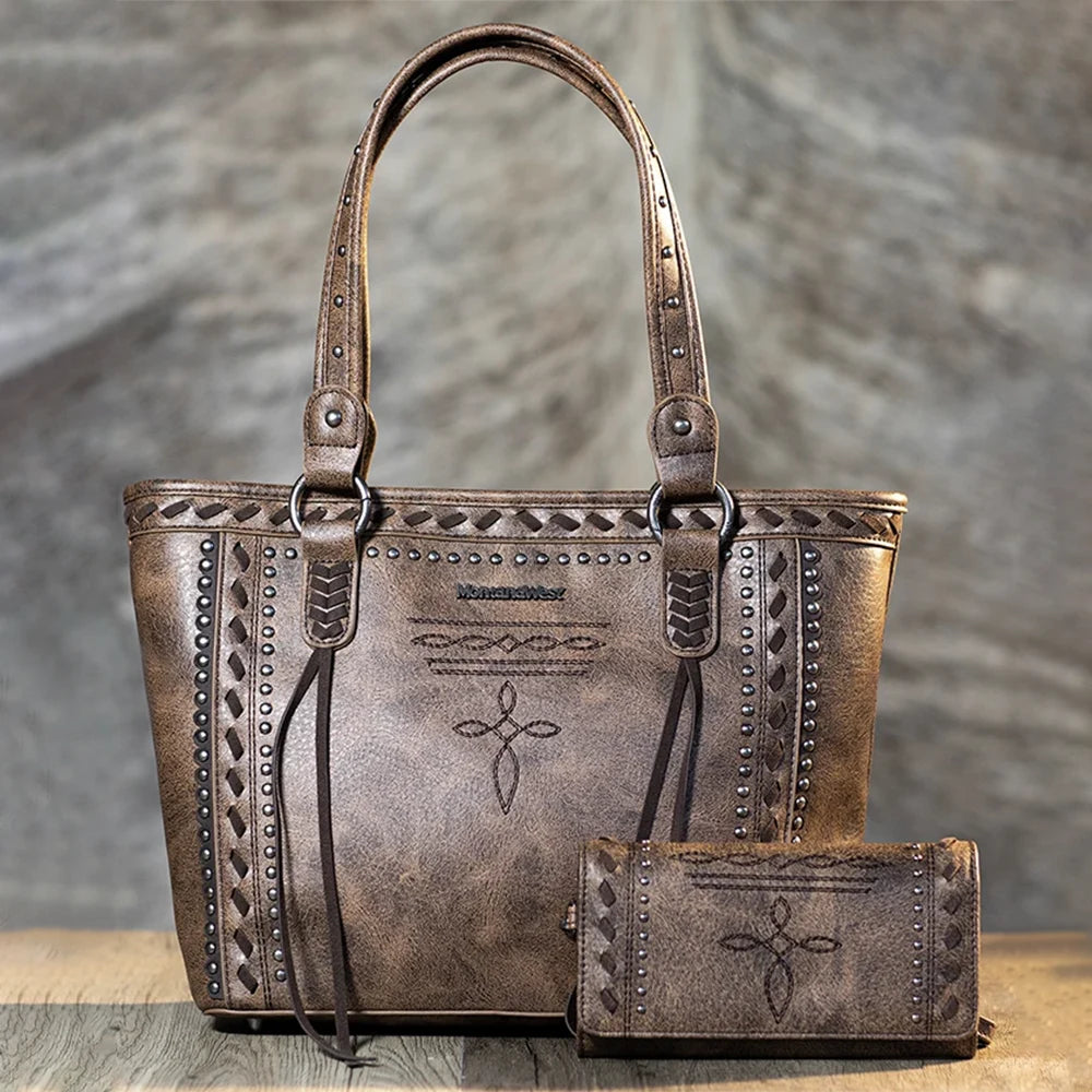 Montana West Diamond Cross Stitch Concealed Carry Tote Bag for Women - Stylish CCW Purse with Hidden Gun Pocket for Everyday Carry & Self Defense