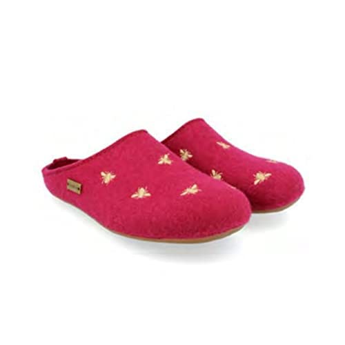 HAFLINGER Women's Api Grey Wool Slip-On Mule Slippers with Bee Motif - Cozy Indoor & Outdoor House Shoes for Relaxation & Comfort