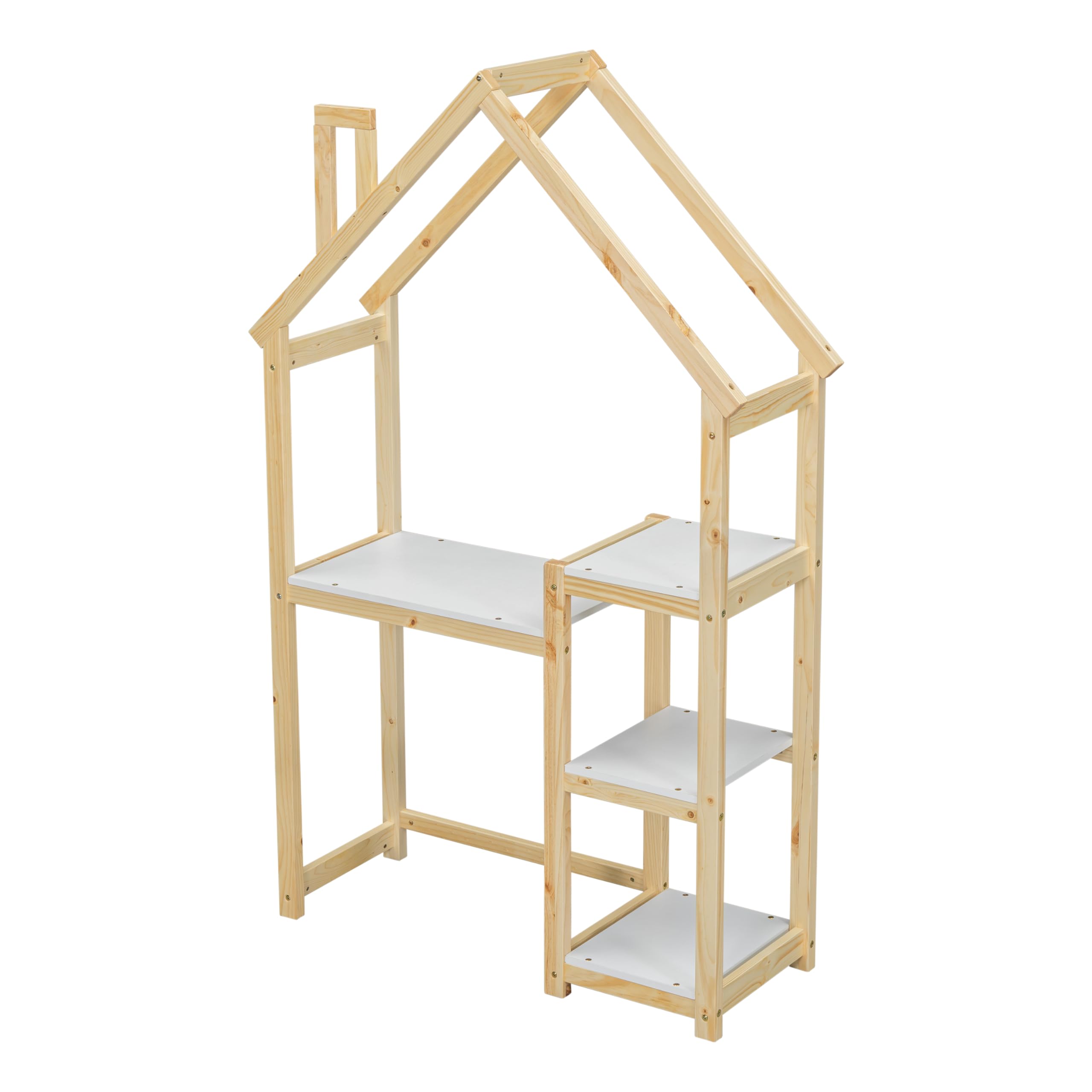Kids Wooden House-Shaped Writing Desk - Multi-Functional Study Table with 3-Tier Storage Shelves, Open Bookshelf & Toy Organizer - Natural Wood Playroom Furniture for Homework, Crafts & Pretend Play