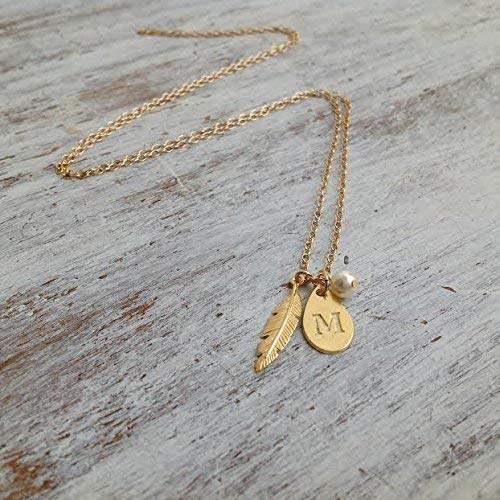 Personalized Initial Necklace with Pearl & Feather Pendant - 14K Gold Jewelry for Women - Perfect Gift for Birthday, Anniversary & Valentine's Day