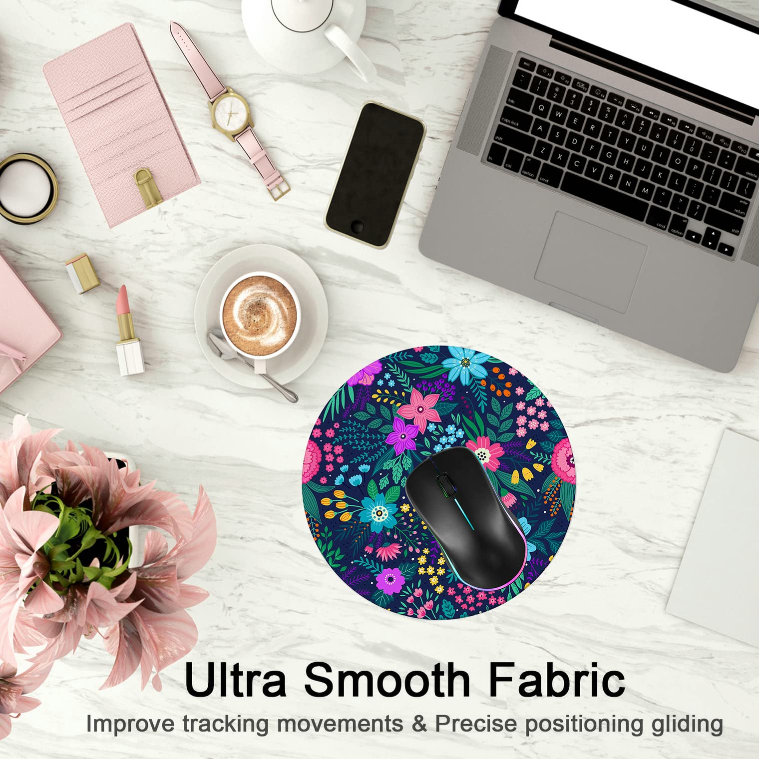 Premium Round Gaming Mouse Pad - Non-Slip Rubber Base with Stitched Edge (7.9 x 7.9 Inch) for PC, Laptop & Office - Floral Design for Gamers & Professionals - Perfect for Work, Gaming & Home Office Use