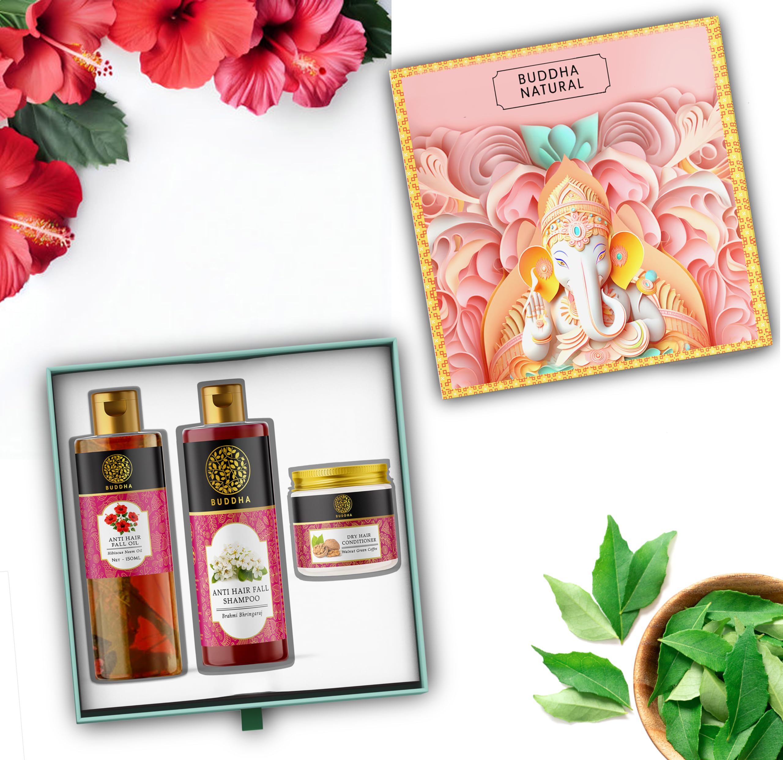 Buddha Natural Hair Care Gift Box - Mighty Ganesha Ayurvedic Hair Growth Kit (Nourishing Hair Oil, Strengthening Shampoo, Hydrating Conditioner) - Diwali Gift Pack for Women & Men - Reduces Hair Fall & Promotes Healthy Growth - Perfect for Daily Hair Care Routine & Festive Gifting