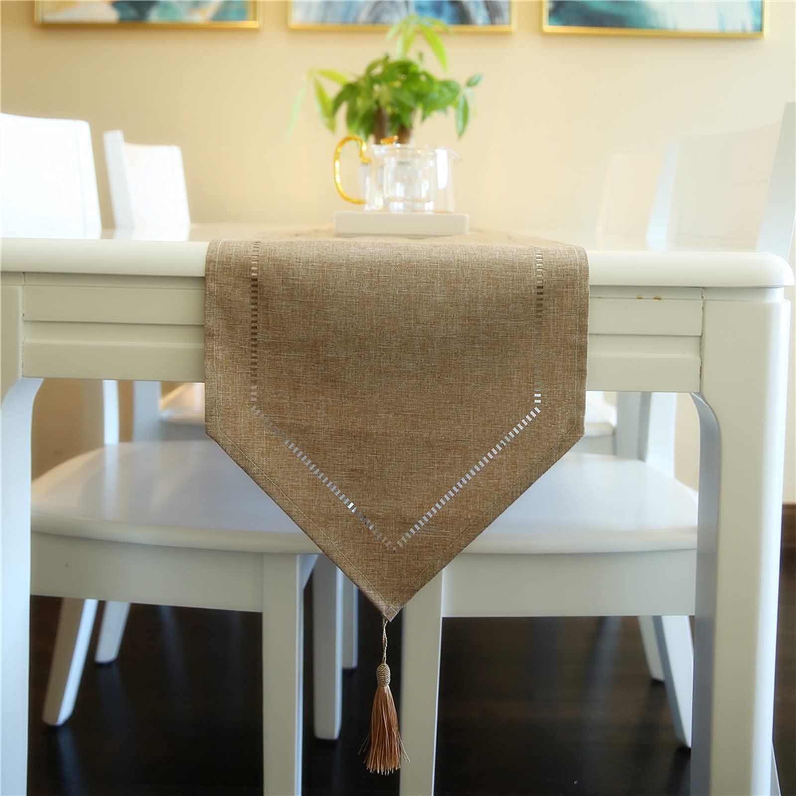 Beige Table Runner 13x72 Inches - Washable Cotton Linen Tablecloth with Tassels for Dining Table, Coffee Table, Dresser - Perfect for Home Decor, Parties, Holidays & Special Occasions