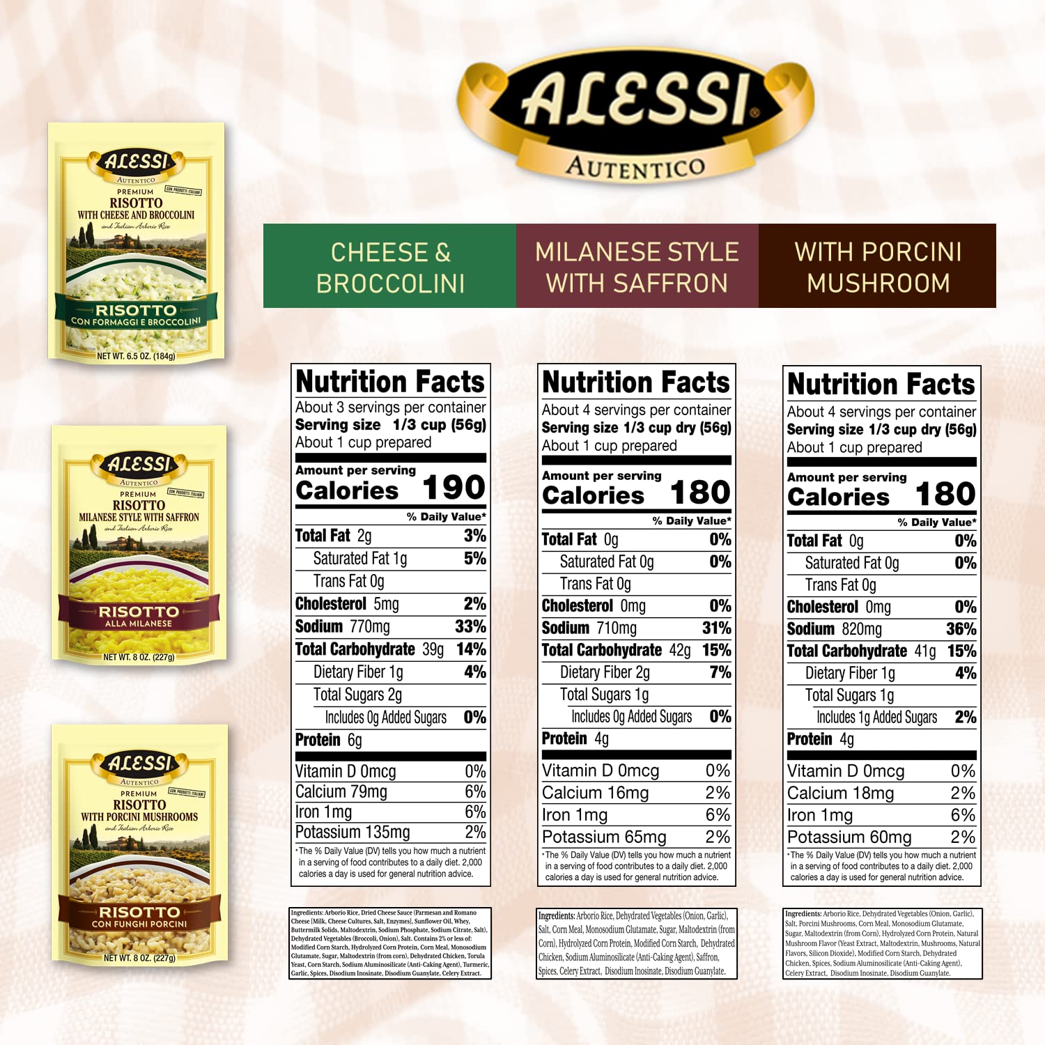 Authentic Alessi Premium Seasoned Risotto - Italian Arborio Rice - Easy to Prepare - 8oz Variety Pack (3-Pack) - Perfect for Gourmet Dinners & Italian Cuisine
