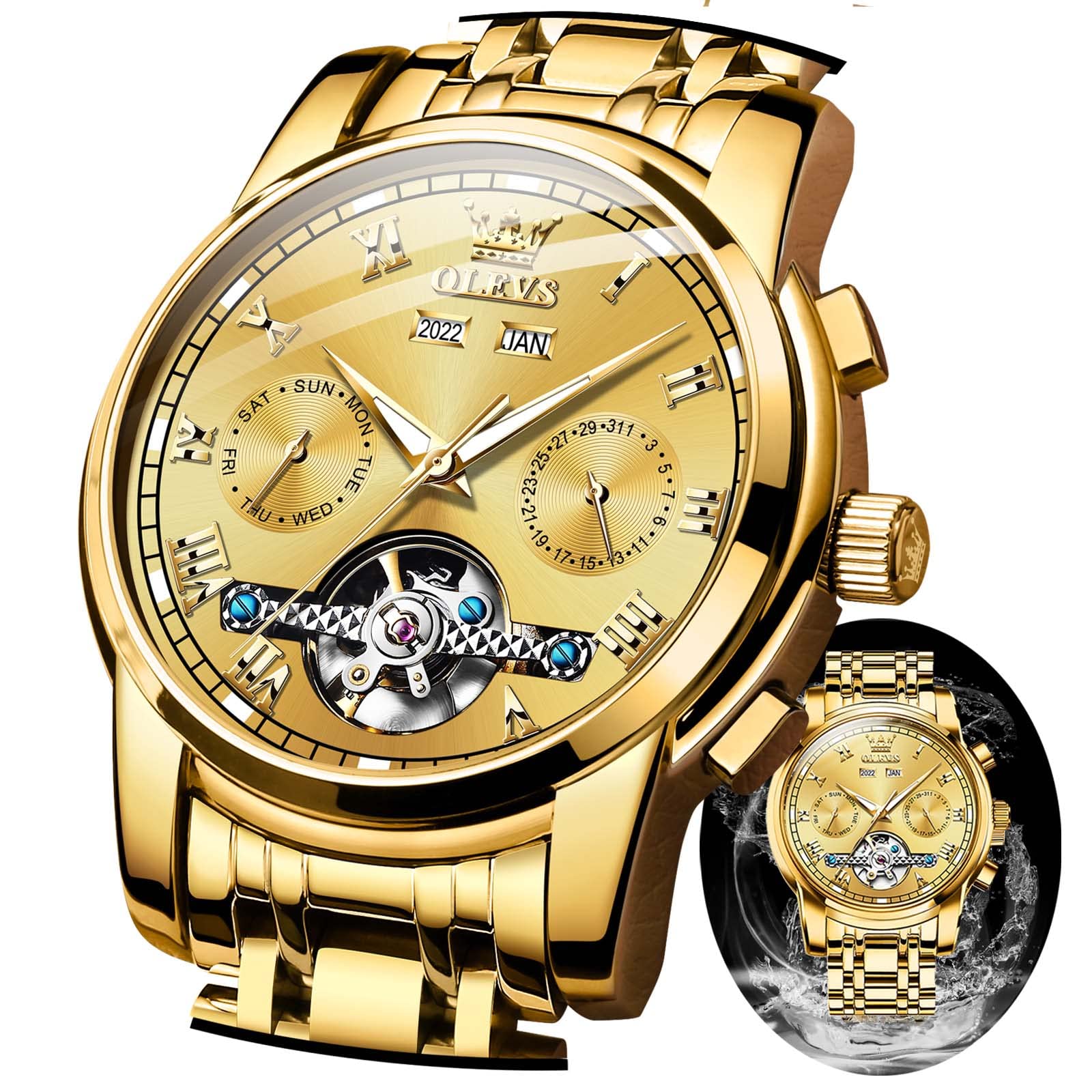 OLEVS Automatic Self-Winding Men's Watch with Date & Day Calendar - Stainless Steel Skeleton Tourbillon Watch - No Battery Needed, Waterproof - Perfect for Business, Formal & Casual Wear