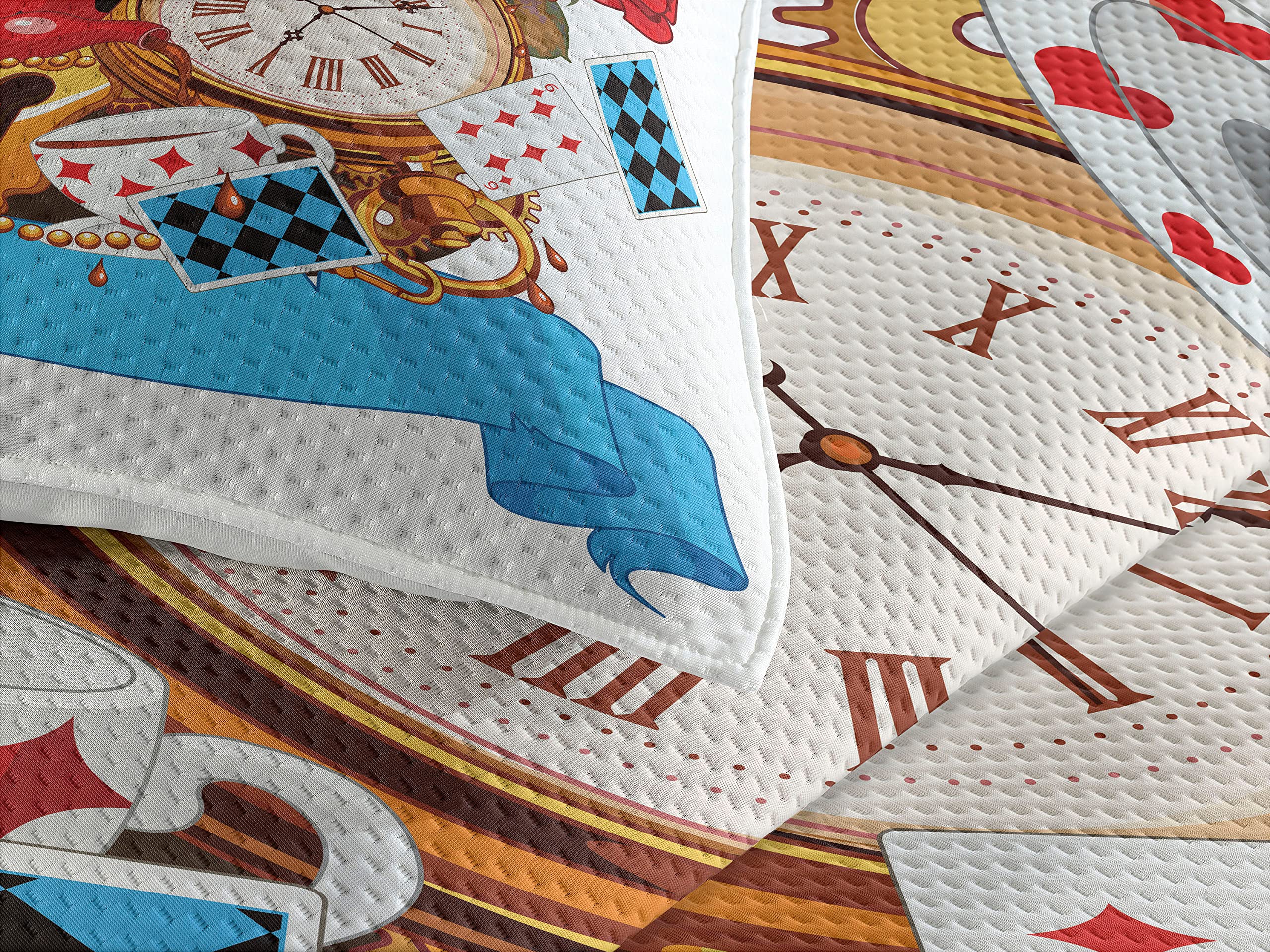 Ambesonne Alice in Wonderland 3-Piece Quilted Bedspread Set with 2 Pillow Shams - King Size Fantasy Themed Bedding, Mad Tea Party Design with Cards, Clocks & Flowers - Perfect for Whimsical Bedroom Decor & Themed Guest Rooms