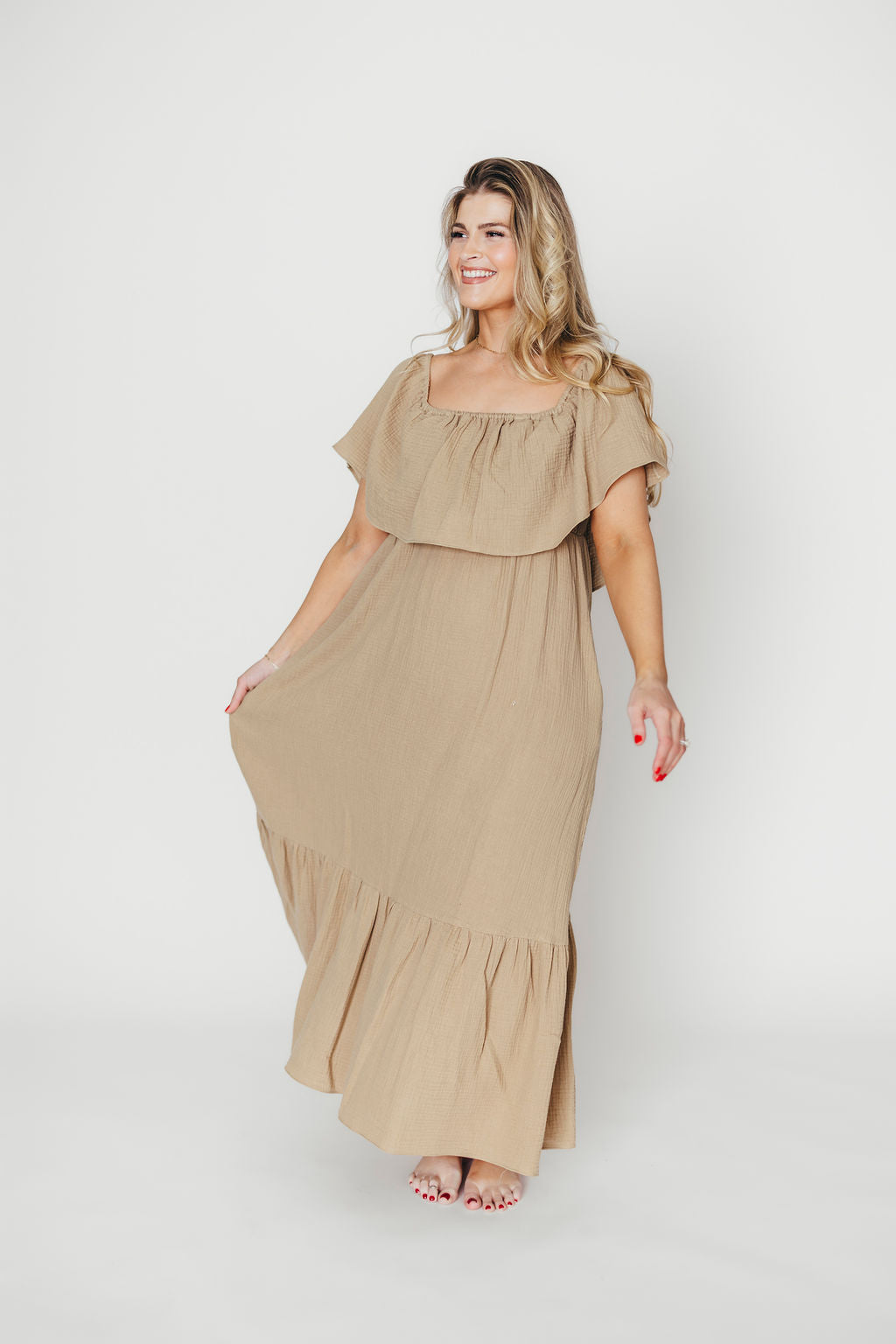 Josie 100% Cotton Maternity Maxi Dress in Khaki - Bump & Nursing Friendly for Pregnancy & Breastfeeding | Perfect for Casual Outings, Baby Showers & Nursing Comfort