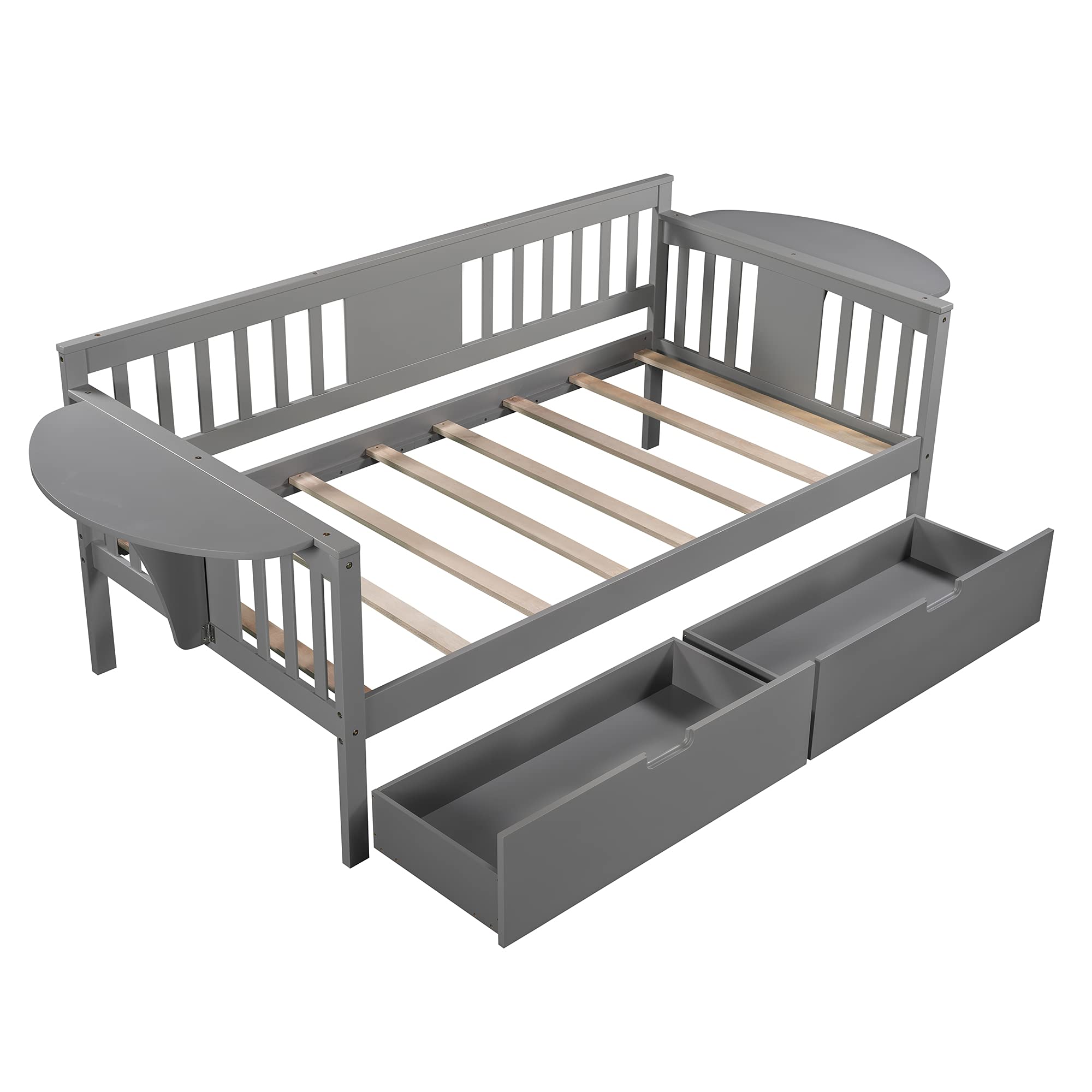 **Solid Wood Twin-Size Daybed with 2 Folding Tables & 2 Drawers – Multi-Functional Bed Frame for Kids, Teens & Guest Rooms – No Box Spring Needed – Perfect for Small Spaces, Sleepovers & Home Offices**