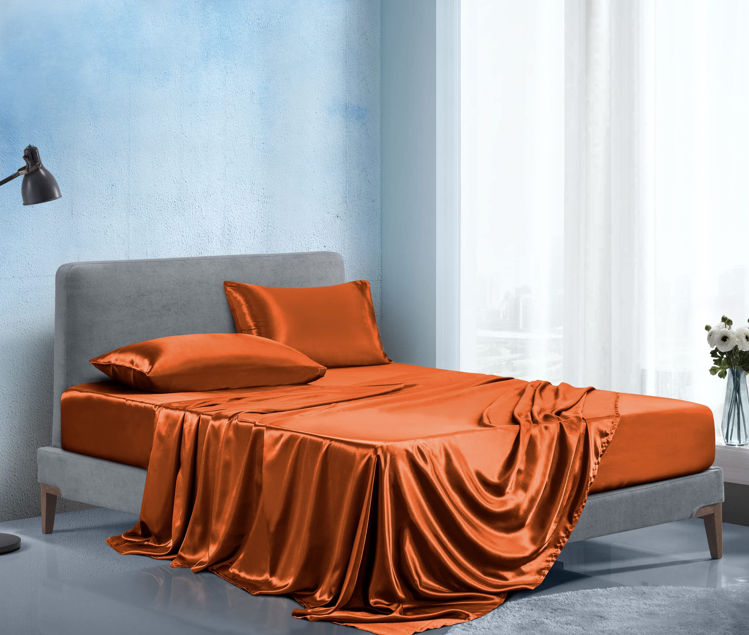Luxury Satin Queen Sheets Set - 4 Piece Soft Bedding Set with Fitted & Flat Sheets and Pillowcases in Rust Orange | Perfect for Master Bedroom, Guest Room & Hotel Decor