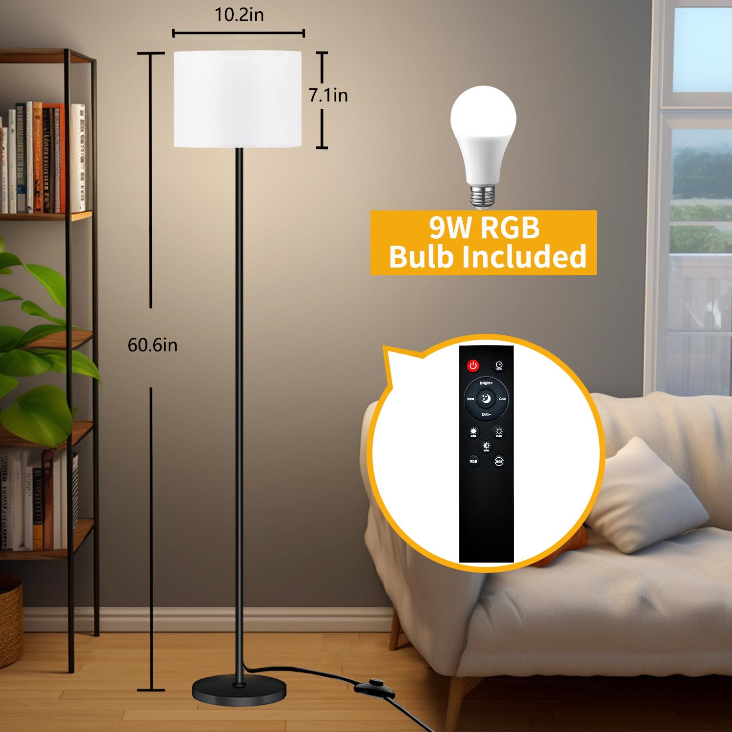 Modern LED Floor Lamp with Remote Control - Dimmable Color Temperature & Brightness, Adjustable Standing Lamp for Living Room, Bedroom, Office - Perfect for Reading, Relaxing & Ambient Lighting (Black/White, 9W Bulb)