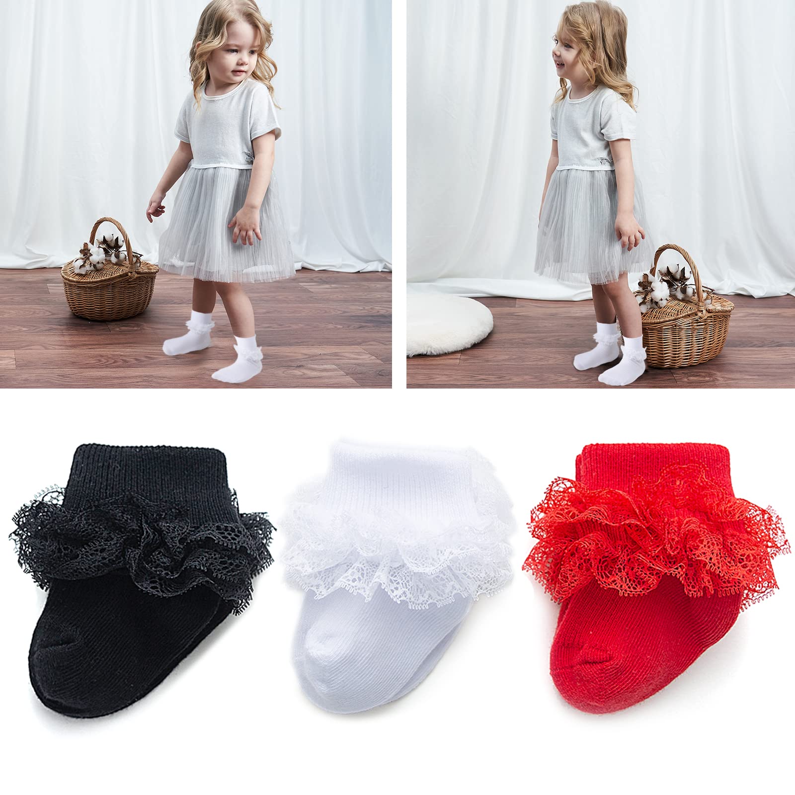 Baby Girl Socks with Eyelet Triple Lace Ruffles - 2/3/5 Pairs Ankle Dress Socks for Newborn Infant Toddler - Perfect for Special Occasions, Photo Shoots & Everyday Wear
