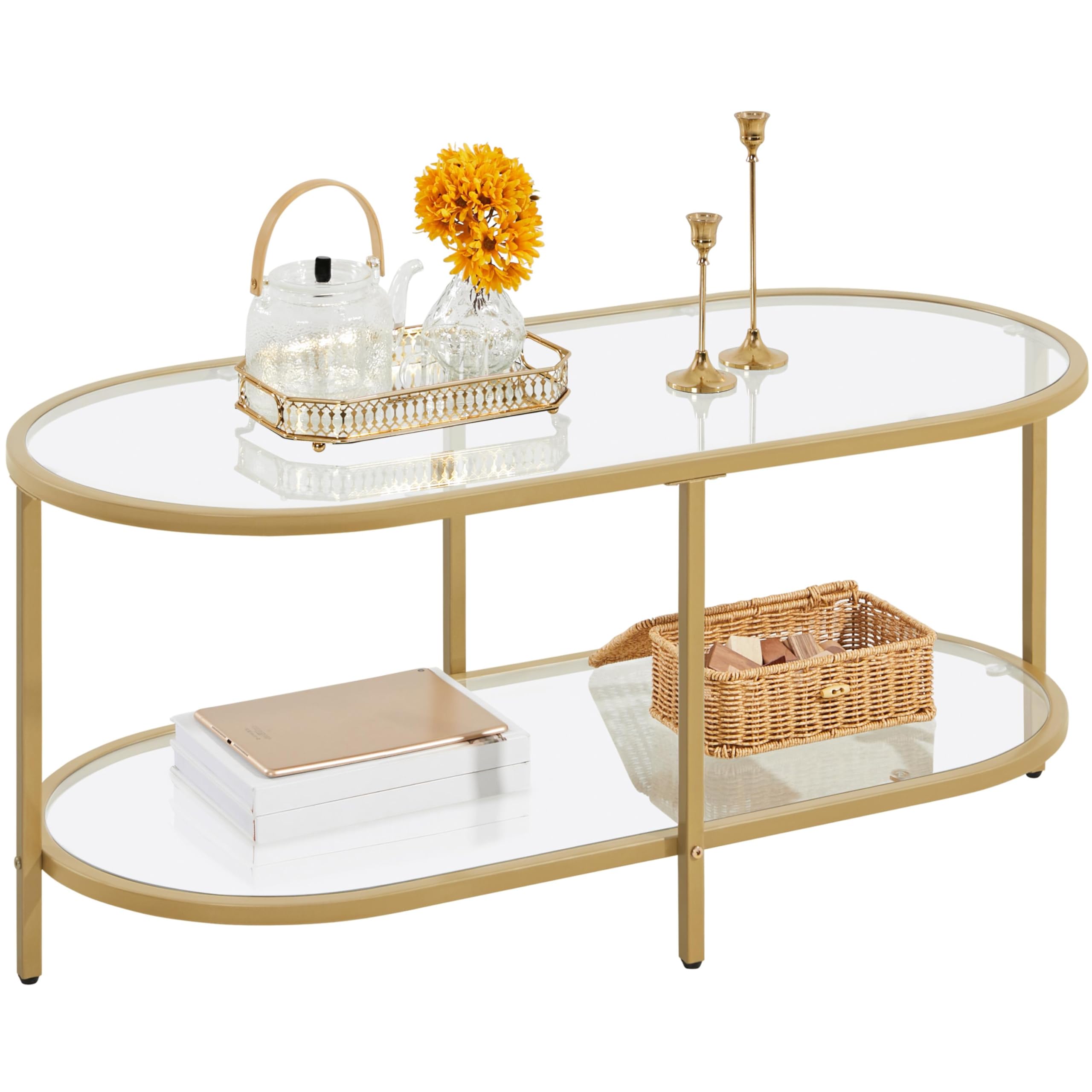 Yaheetech 42 Inch Oval Glass Coffee Table with Storage Shelf - 2-Tier Modern Center Table for Living Room, Office & Small Spaces - Perfect for Home Decor, Entertaining Guests & Compact Apartments