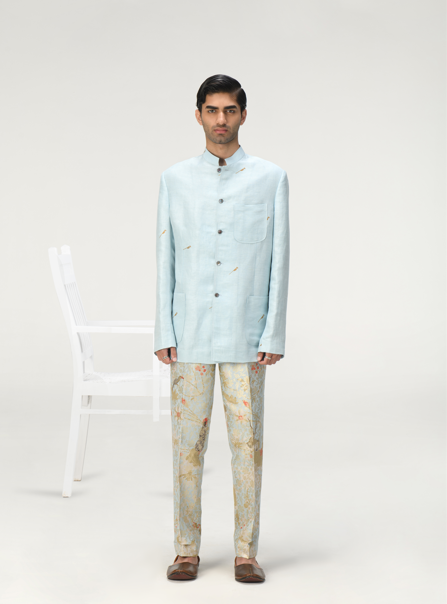 Elegant Bandhgala Suit in Ice Blue Satin Linen for Men | Premium Indian Wedding Attire & Formal Occasions