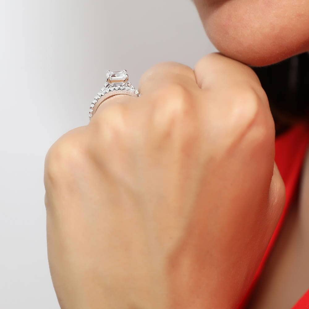 BERRICLE Sterling Silver Solitaire Wedding & Engagement Ring Set for Women - 2.6 Carat Emerald Cut Cubic Zirconia CZ, Rhodium Plated, Size 4-10 | Perfect for Proposals, Anniversaries & Special Occasions