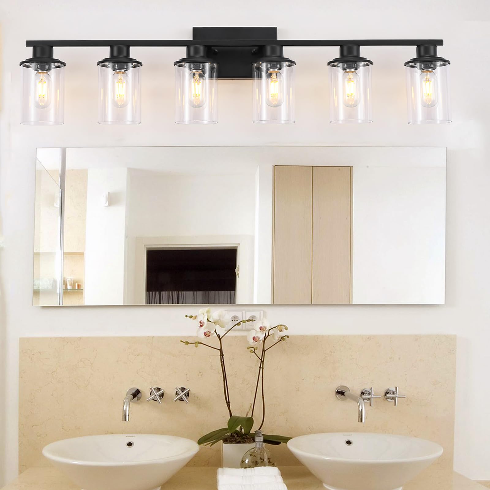 LOUSACE 6-Light Modern Bathroom Vanity Light Fixture - Matte Black Wall Sconce with Clear Glass Shade for Mirror Lighting | Perfect for Bathroom, Bedroom, Living Room & Dressing Area Decoration