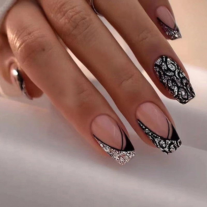 24Pcs Ballet French Coffin False Nails with Flowers & Diamonds Designs - Press On Fake Nails, Detachable Acrylic Manicure Tips for Women, Perfect for Parties, Weddings & Special Occasions