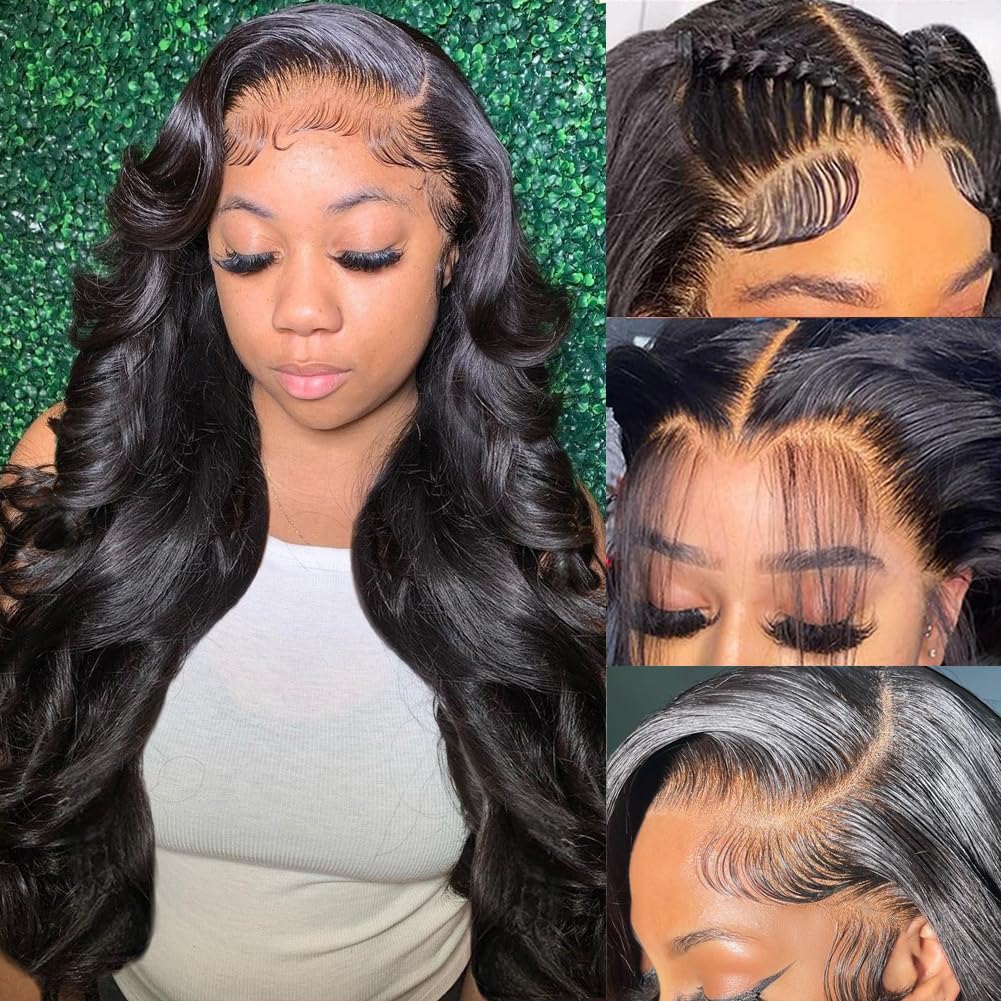 28 Inch Brazilian Virgin Human Hair Lace Front Wig - 13x6 HD Lace Frontal, 180% Density, Pre-Plucked, Glueless Body Wave Wig for Women (Natural Black) - Perfect for Daily Wear, Cosplay & Special Occasions