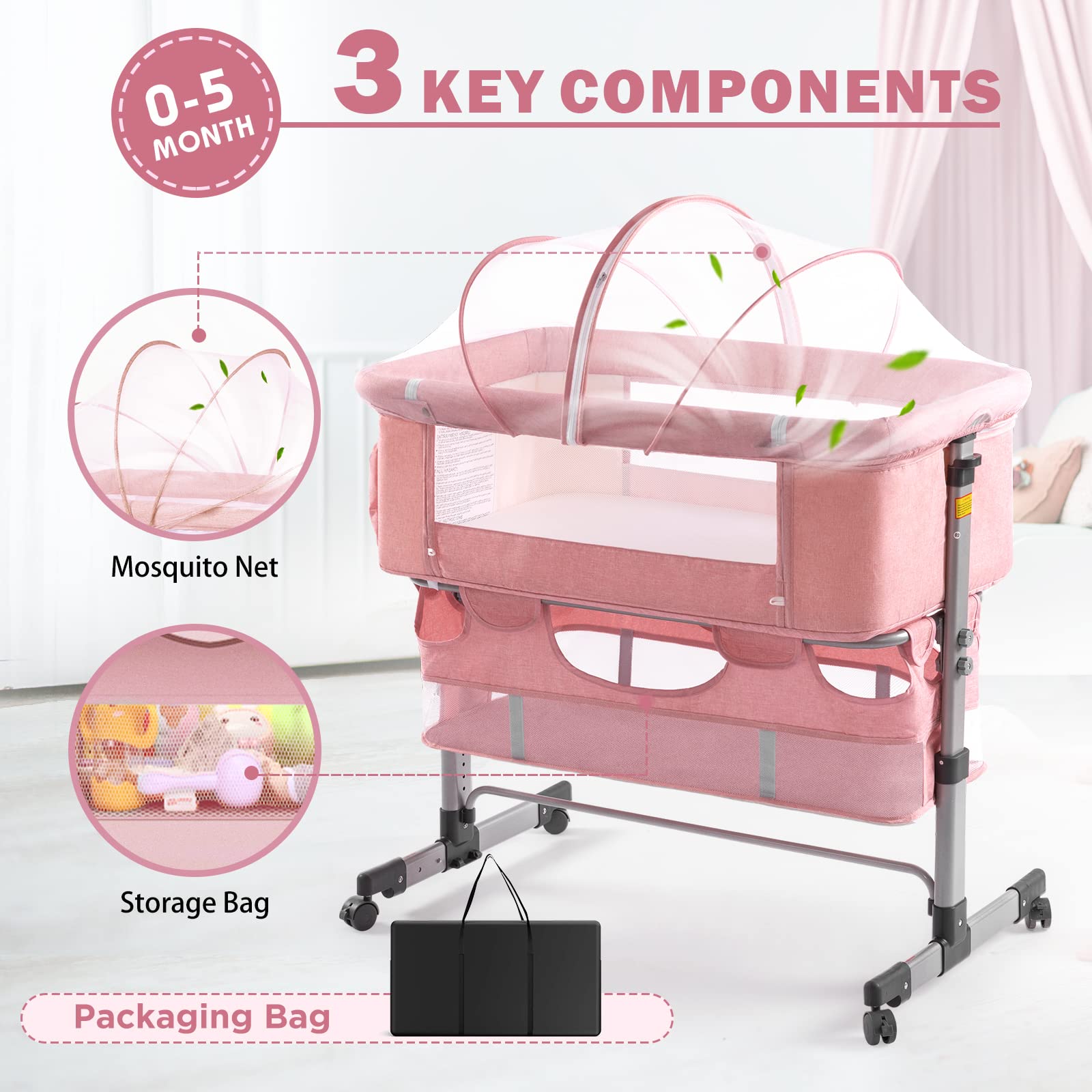 Ihoming Baby Bassinet Bedside Sleeper - Adjustable Folding Crib with Storage Basket for Newborns & Infants | Portable Nursery Bed for Bedroom, Travel & Home Use (Pink)