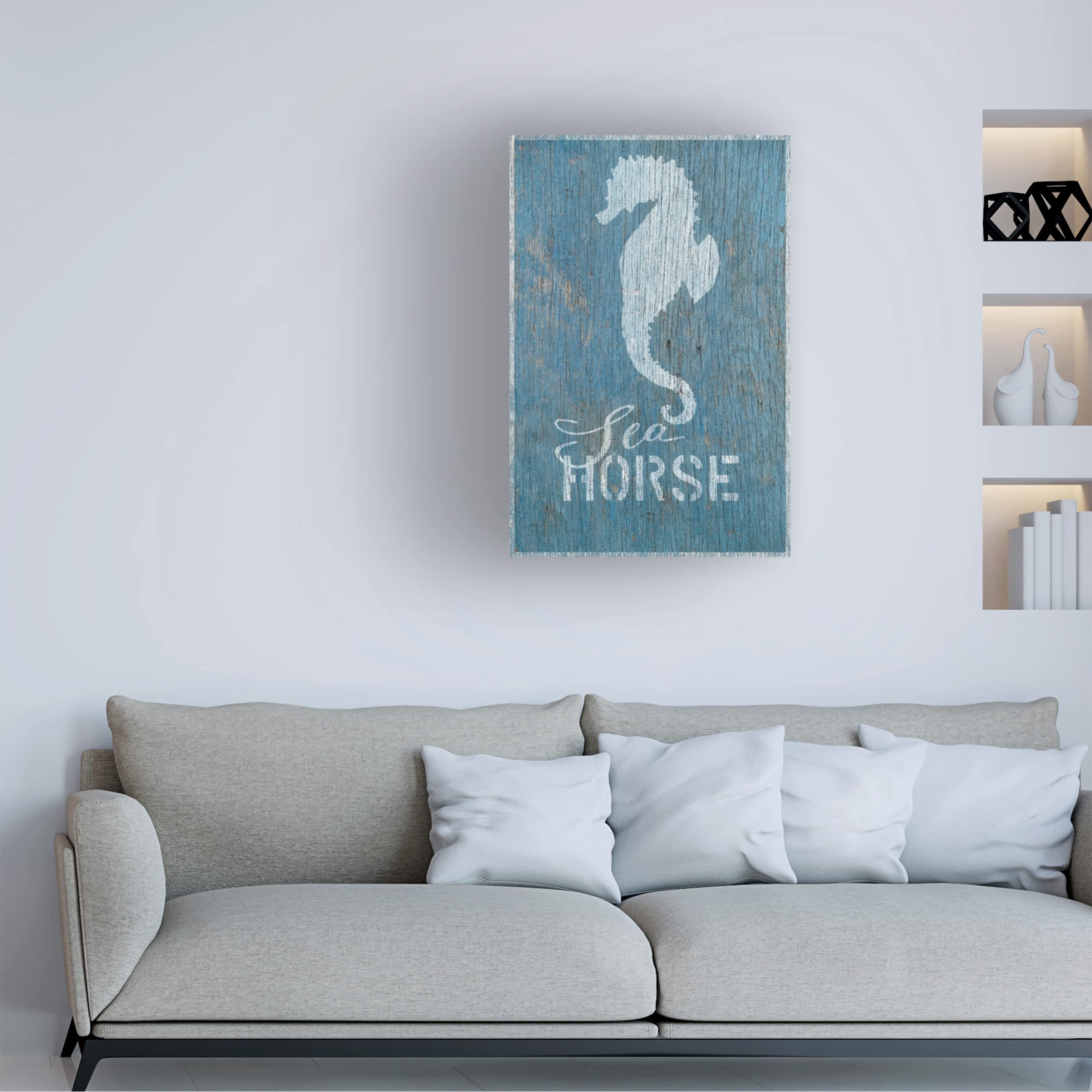 Trademark Fine Art 'Seahorse on Blue Wood 2' Canvas Wall Art by Cora Niele - Perfect for Beach House Decor, Coastal Living Room, or Ocean-Themed Bedroom