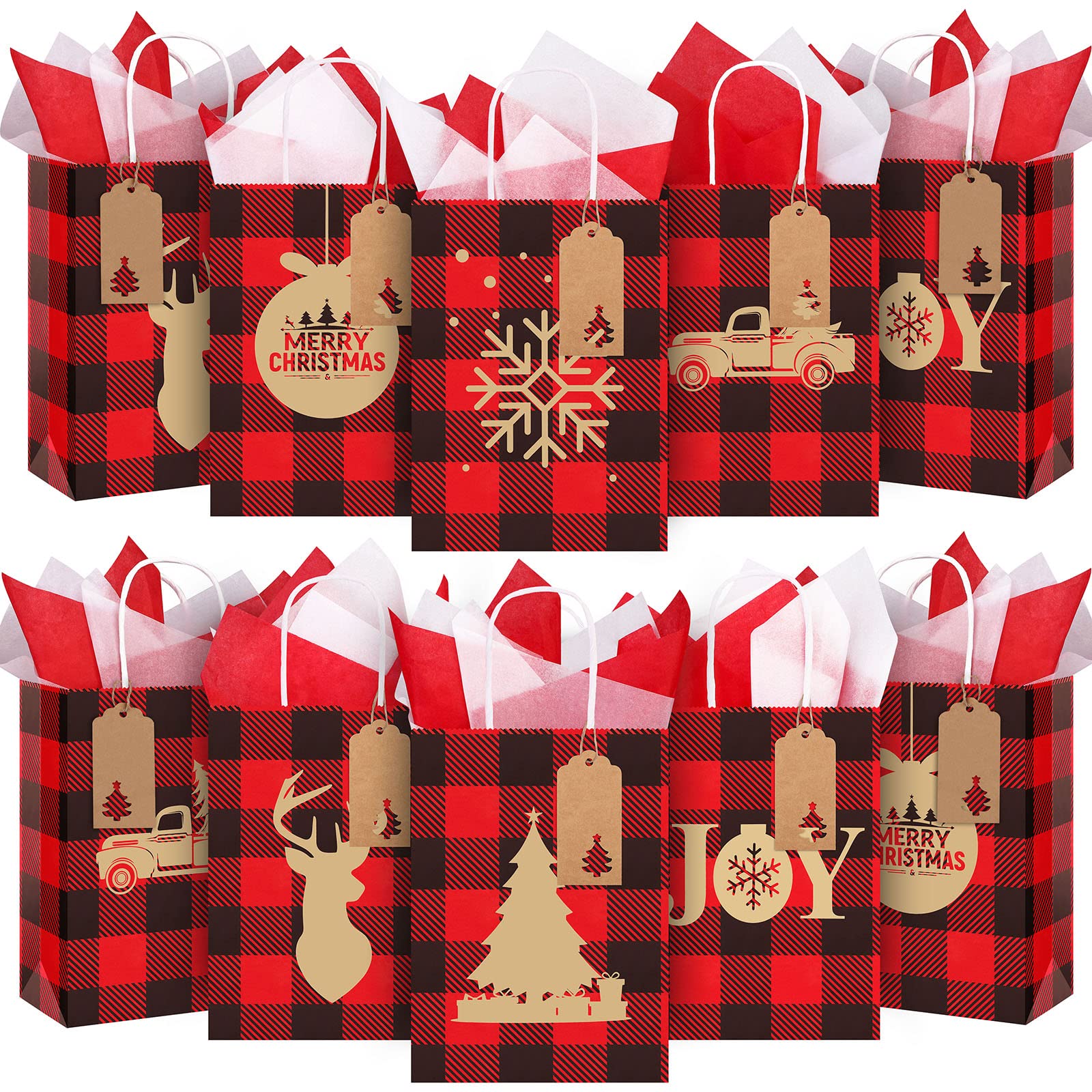 Christmas Buffalo Plaid Gift Bags 24-Pack with Handles & Tags - for Xmas Party Favors & Wedding Gifts