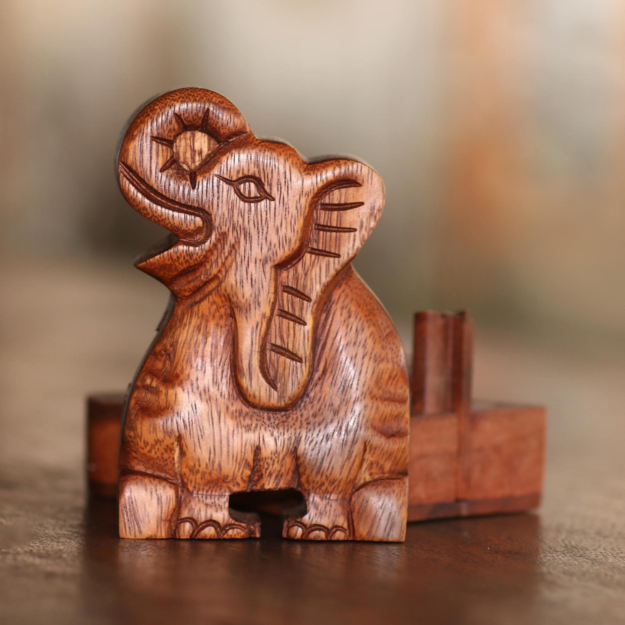 Handmade NOVICA Elephant Secret Wood Puzzle Box - Unique Brain Teaser & Decorative Gift for Adults, Perfect for Home Decor, Office Desk & Puzzle Enthusiasts