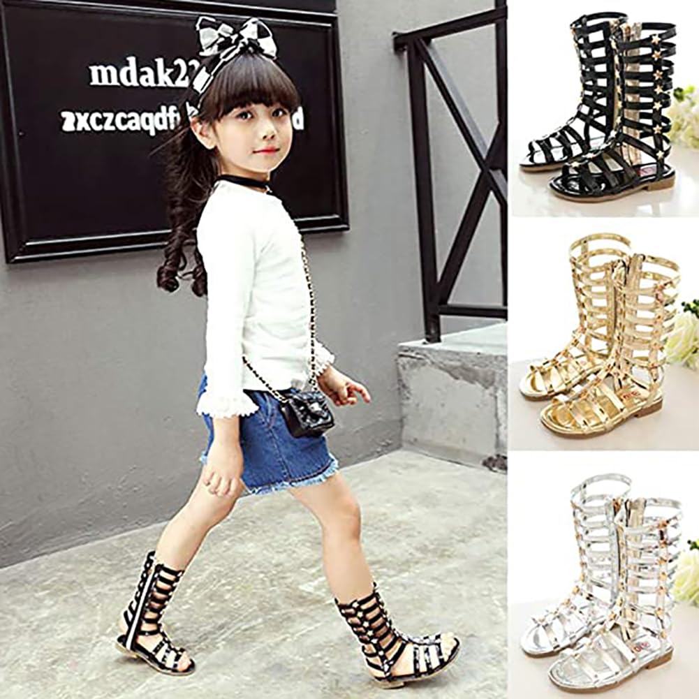 Girls Rivet Gladiator Sandals - Summer Princess Dress Sandals with Straps & Zip-Up Boots for Outdoor Play, Beach & Party Occasions