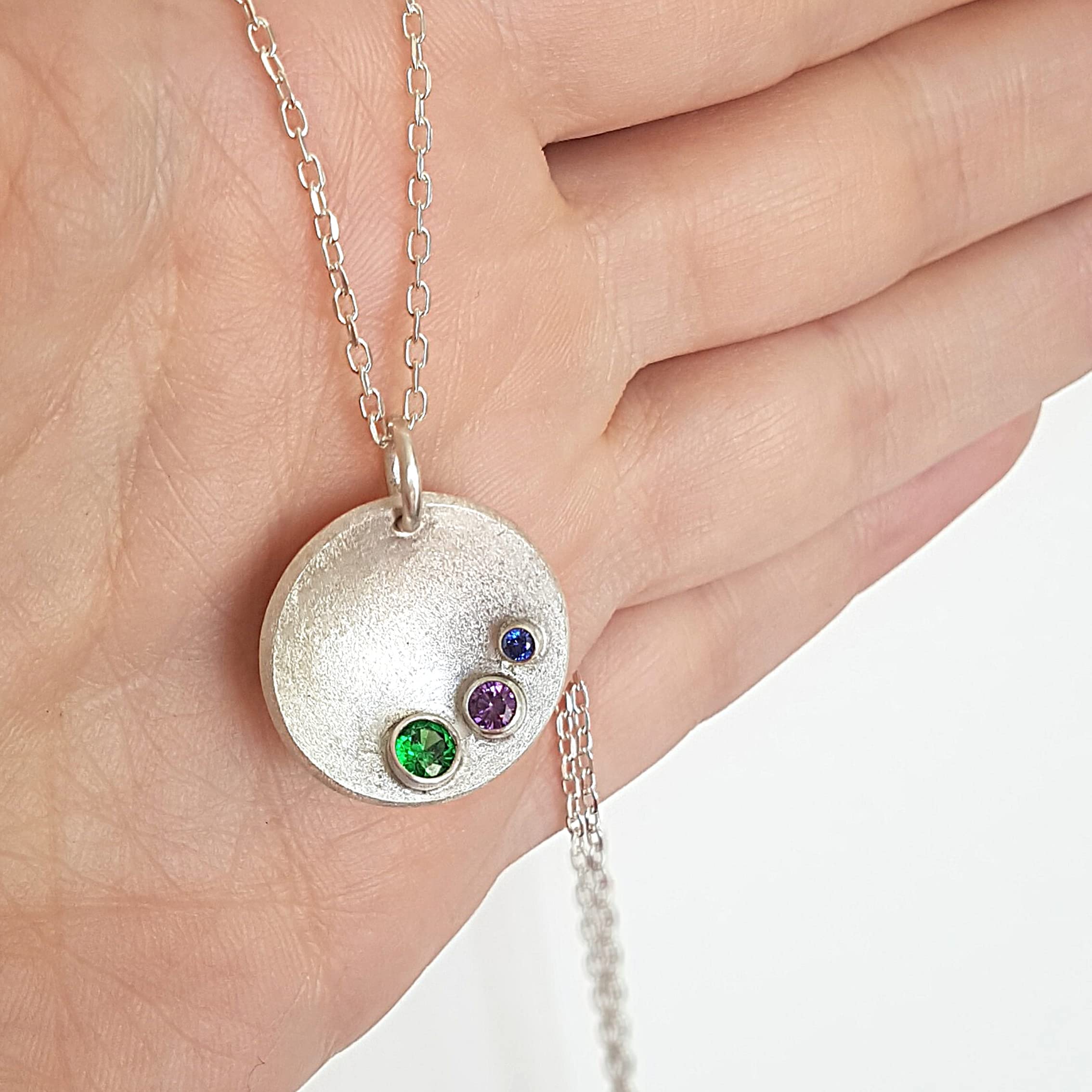 Circle Trio Stone Pendant Necklace - Sterling Silver CZ Jewelry with Satin Finish | Handmade in UK | Gift Box Included | Free Shipping | Perfect for Anniversary, Birthday & Valentine's Day Gifts
