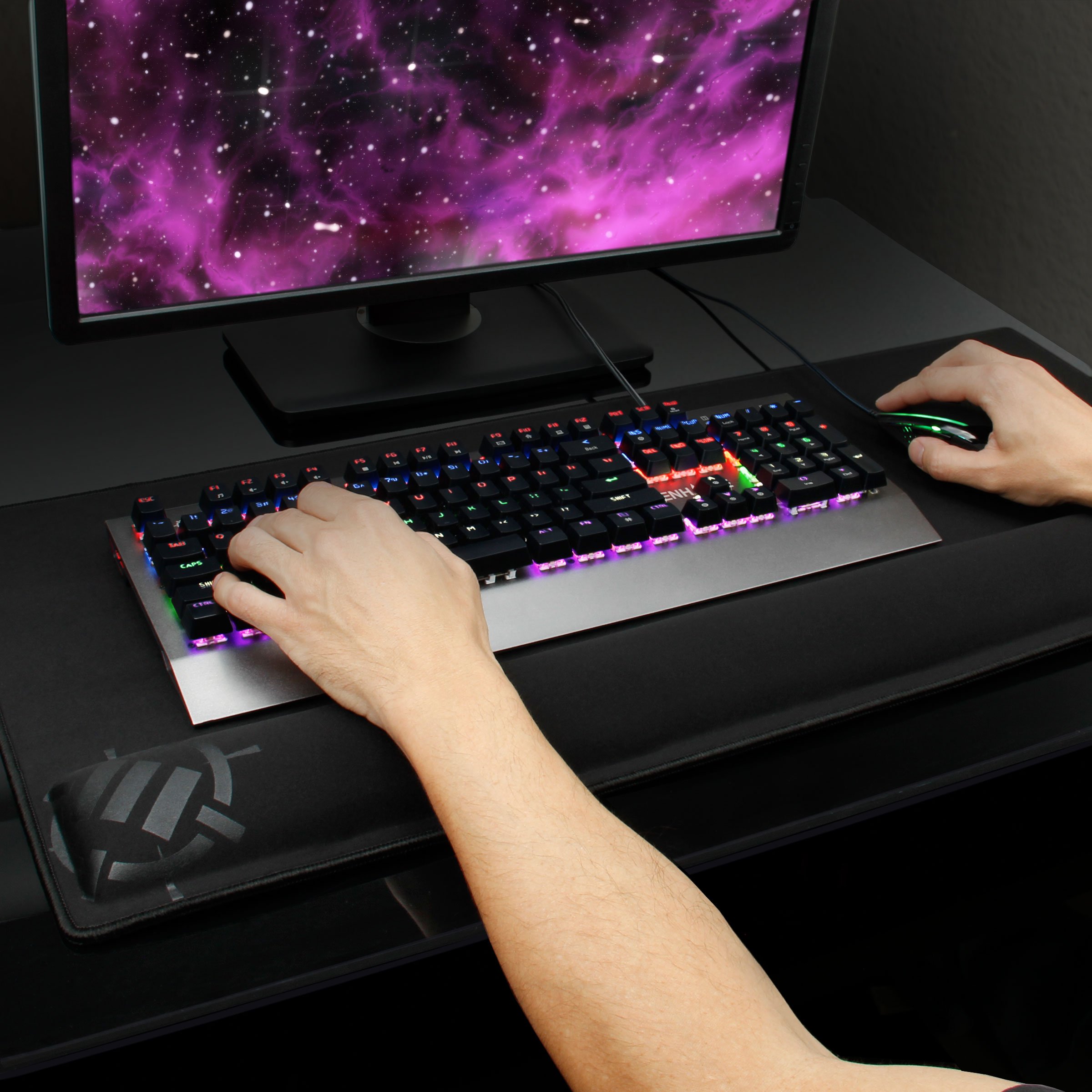ENHANCE XXL Large Mouse Pad with 2XL Ergonomic Memory Foam Wrist Rest (31.5x13.78x1 Inch) - Anti-Fray Stitching & Soft Cushion Surface Desk Mat - Perfect for Gaming, Office Work & Computer Use - Designed in USA