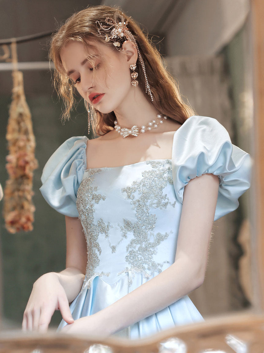 Elegant Light Blue Satin Lace Long Prom Dress - Formal Evening Gown for Homecoming, Wedding & Special Occasions