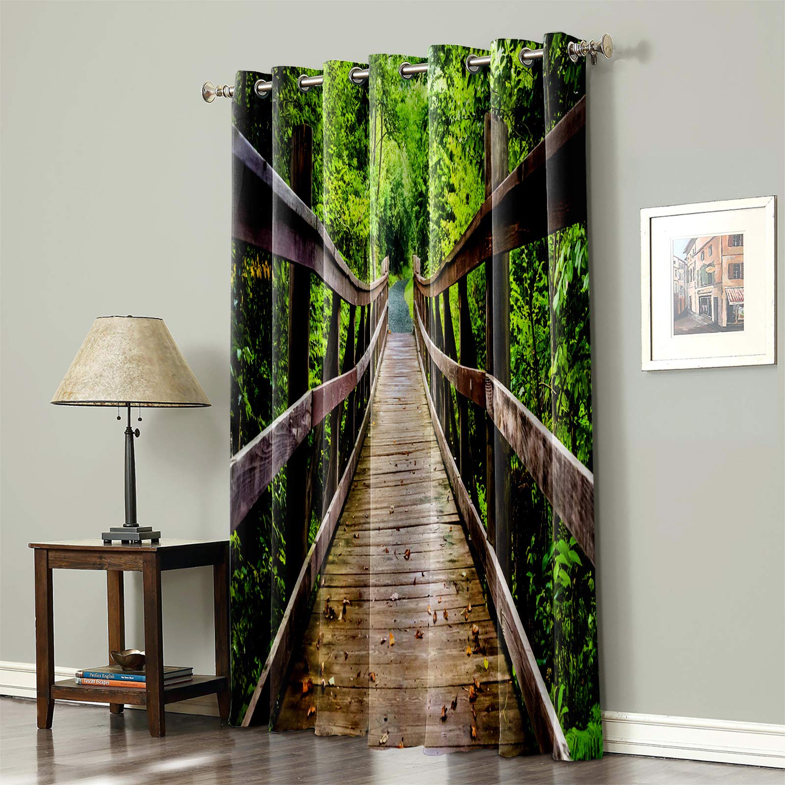 90 Inch Blackout Curtains for Sliding Doors & Patio Doors - Forest Retro Wooden Bridge Green Nature Scenery Room Darkening Window Drapes with Grommets, 1 Panel - Perfect for Bedrooms, Living Rooms & Home Theaters