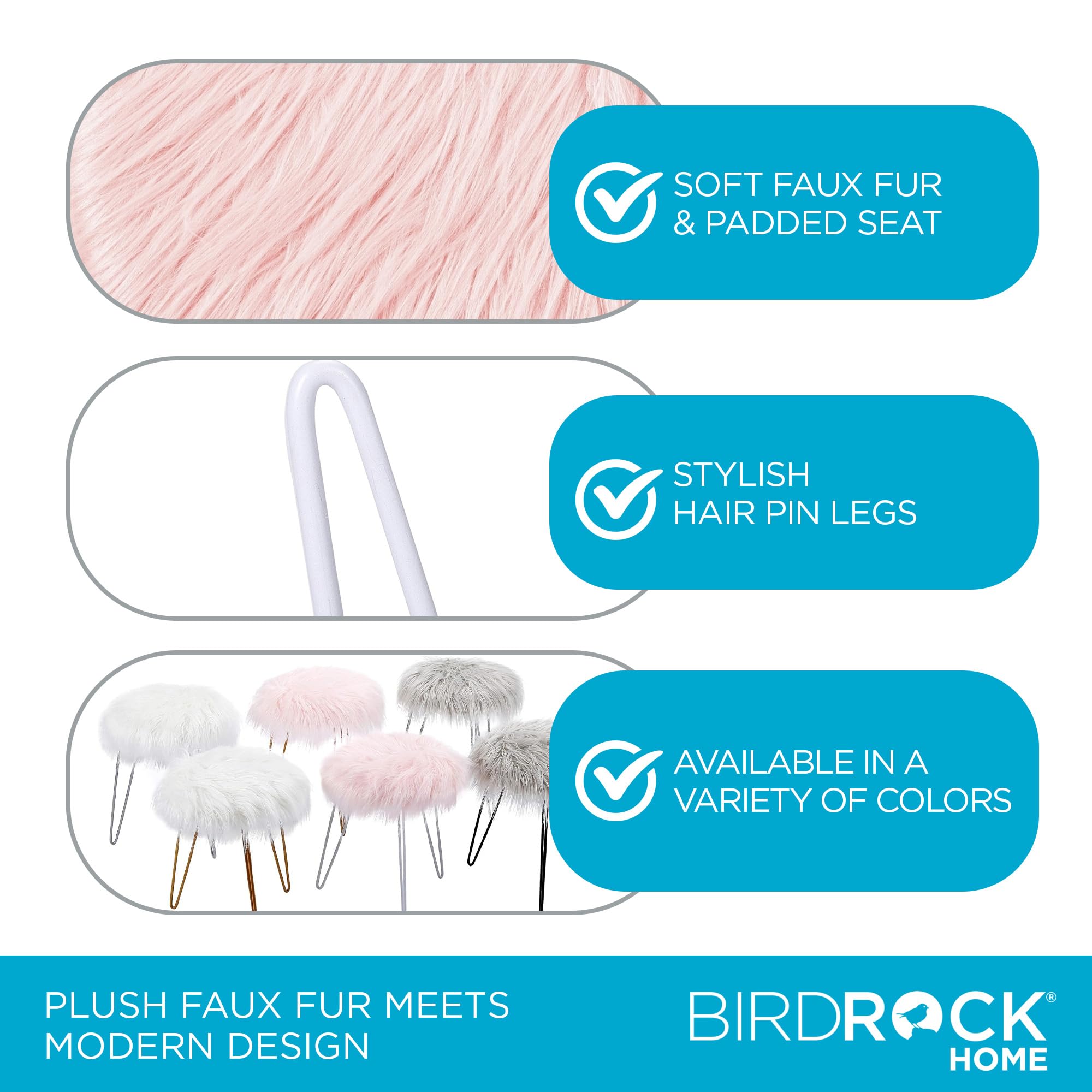 BIRDROCK HOME Round Faux Fur Foot Stool Ottoman with White Hairpin Legs - Soft Padded Vanity Seat Makeup Chair for Bedroom, Living Room & Kids Room - Cozy Pink Accent Furniture for Home Decor, Reading Nook & Dressing Area