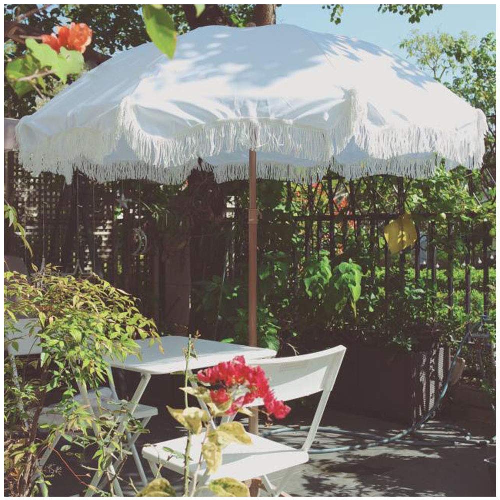 Y&J 1.8m (71in) Outdoor Tilt Beach Parasol with UV Protection - White Patio Umbrella with Tassel Design, 2.45m (96.4in) Height for Garden, Poolside, and Outdoor Dining (Base Not Included)