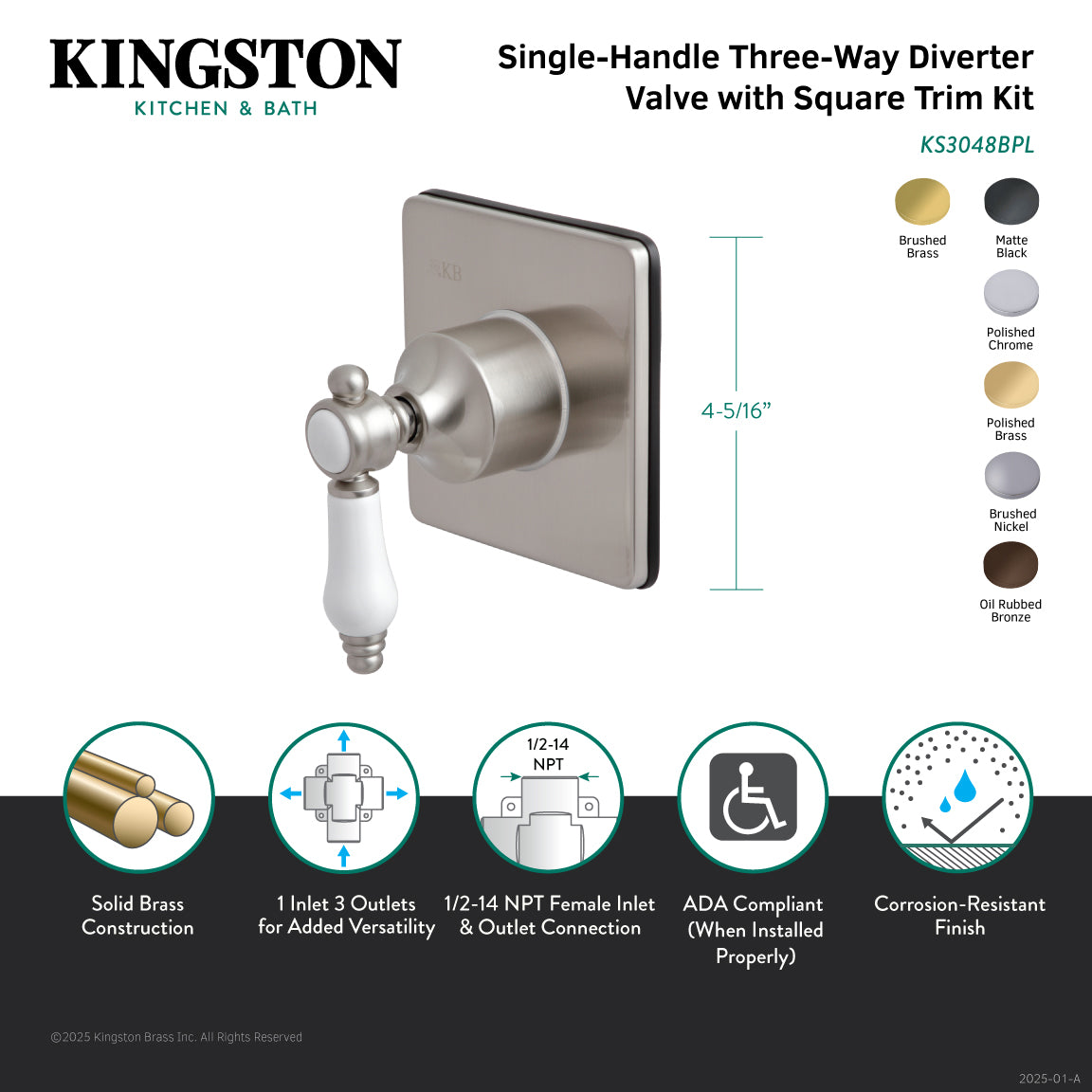 Bel Air KS3048BPL Single Handle 3-Way Diverter Valve with Square Trim Kit in Brushed Nickel Finish - Perfect for Bathroom & Shower Faucet Upgrades