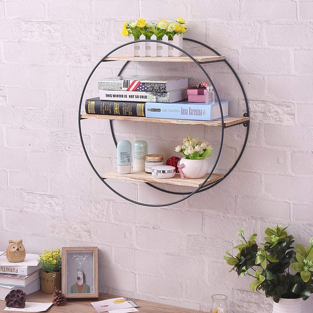 Modern Round Iron 3-Tier Wall Mounted Shelf - Rustic Wood Floating Shelves for Bedroom, Living Room & Office - Decorative Storage & Display Organizer for Books, Plants & Home Decor
