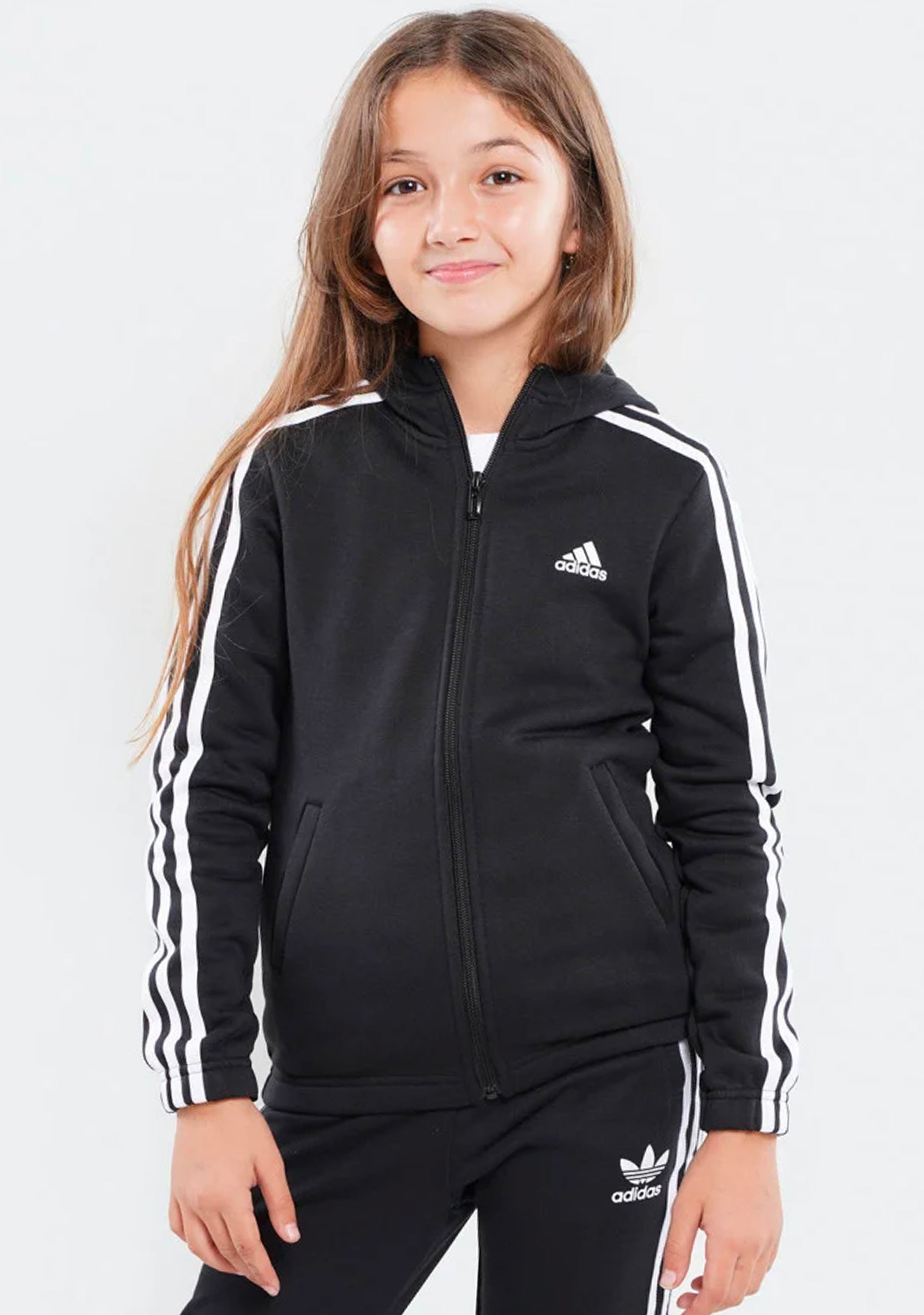 Adidas Girls Essentials 3 Stripe Full Zip Hoodie | Athletic Fleece Jacket for Teens & Kids | Perfect for School, Sports & Casual Wear