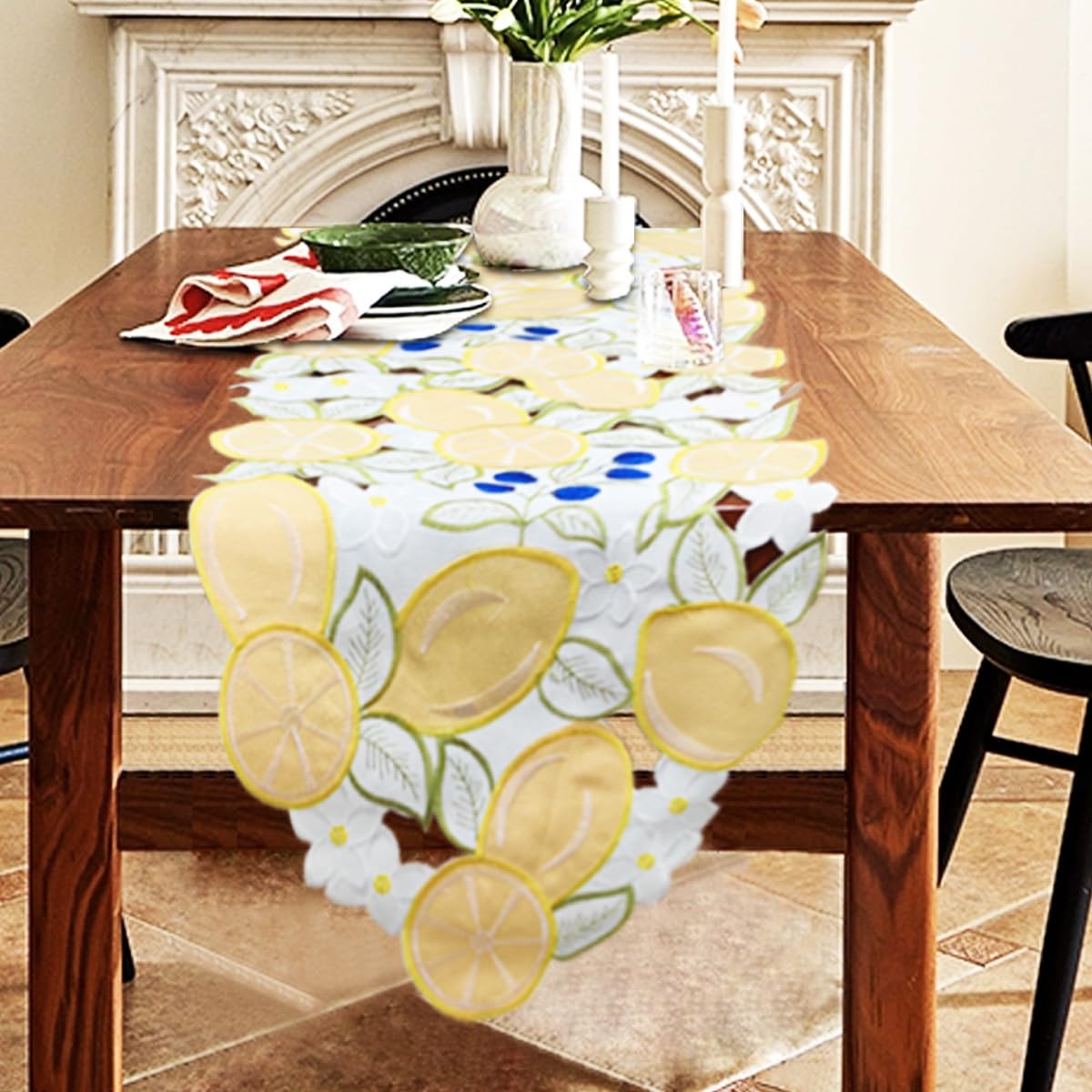 Bringsine Floral Embroidered Table Runner with Lemon & Butterfly Design - 14 x 72 Inch Spring Summer Decorative Dresser Scarf for Dining Table, Buffet, Wedding & Home Decor