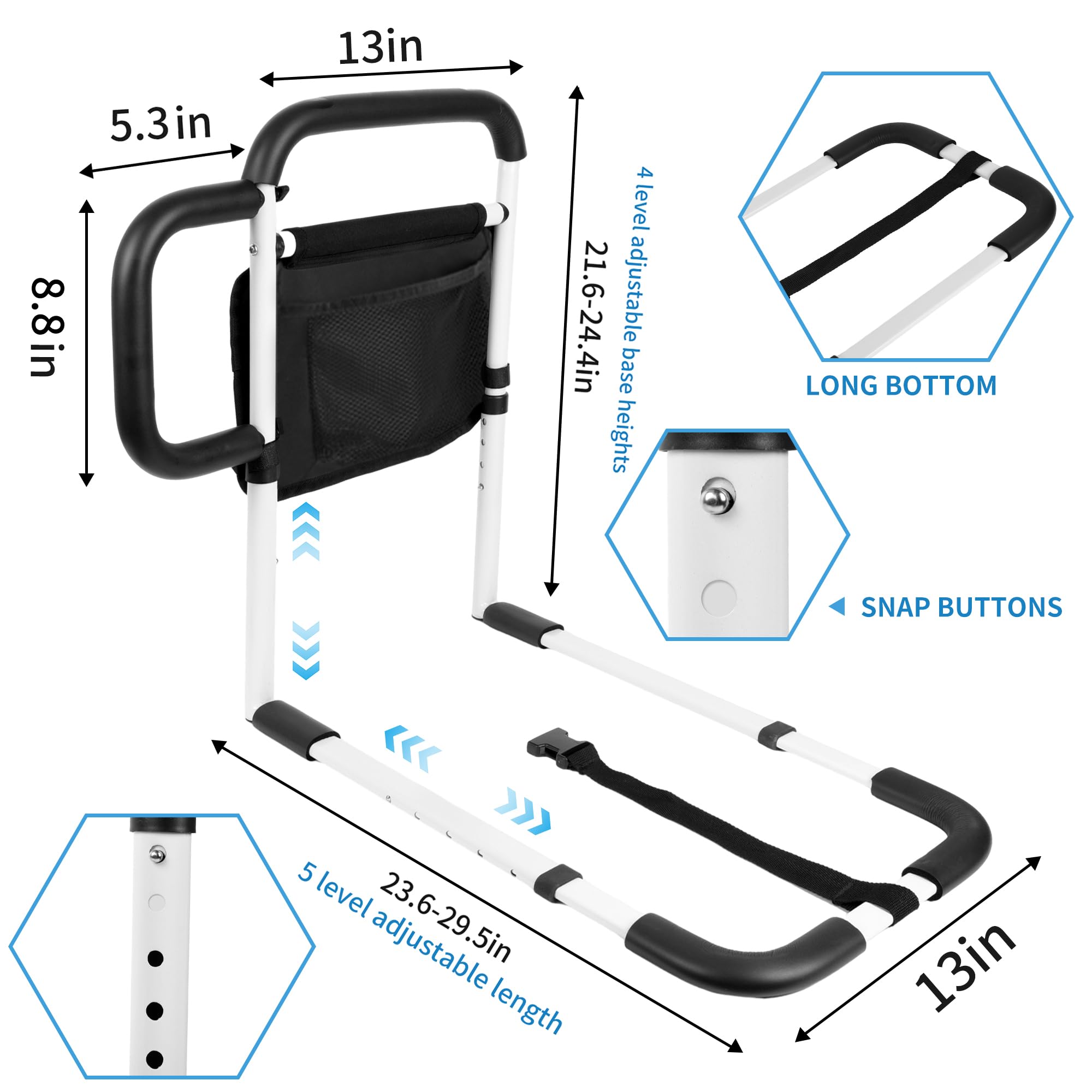 Adjustable Bed Safety Rails for Elderly Adults - Sturdy Bed Guard Rail with Storage Bag & Side Handle - Universal Bed Assist Bar Fits King, Queen, Full & Twin Size Mattresses - Ideal for Fall Prevention & Home Care Assistance