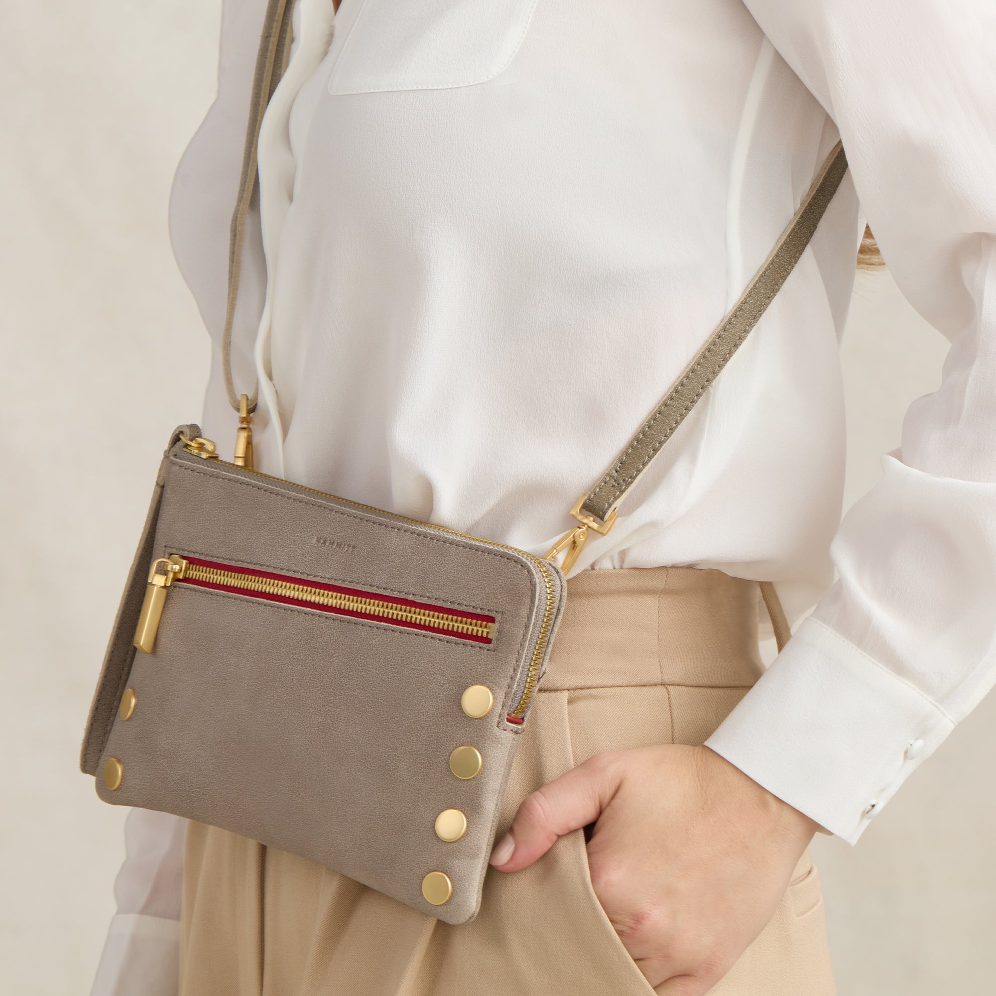 Nash Small Crossbody Bag in Pewter & Brushed Gold with Red Zipper - Perfect for Work, Travel, and Everyday Use