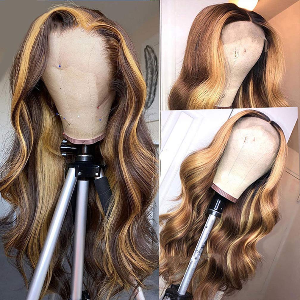 13x4 Lace Front Human Hair Wig - Long Ombre Balayage Highlight Wig with Loose Waves for Black & White Women | Brown to Blonde Mix | Perfect for Parties, Weddings & Daily Wear