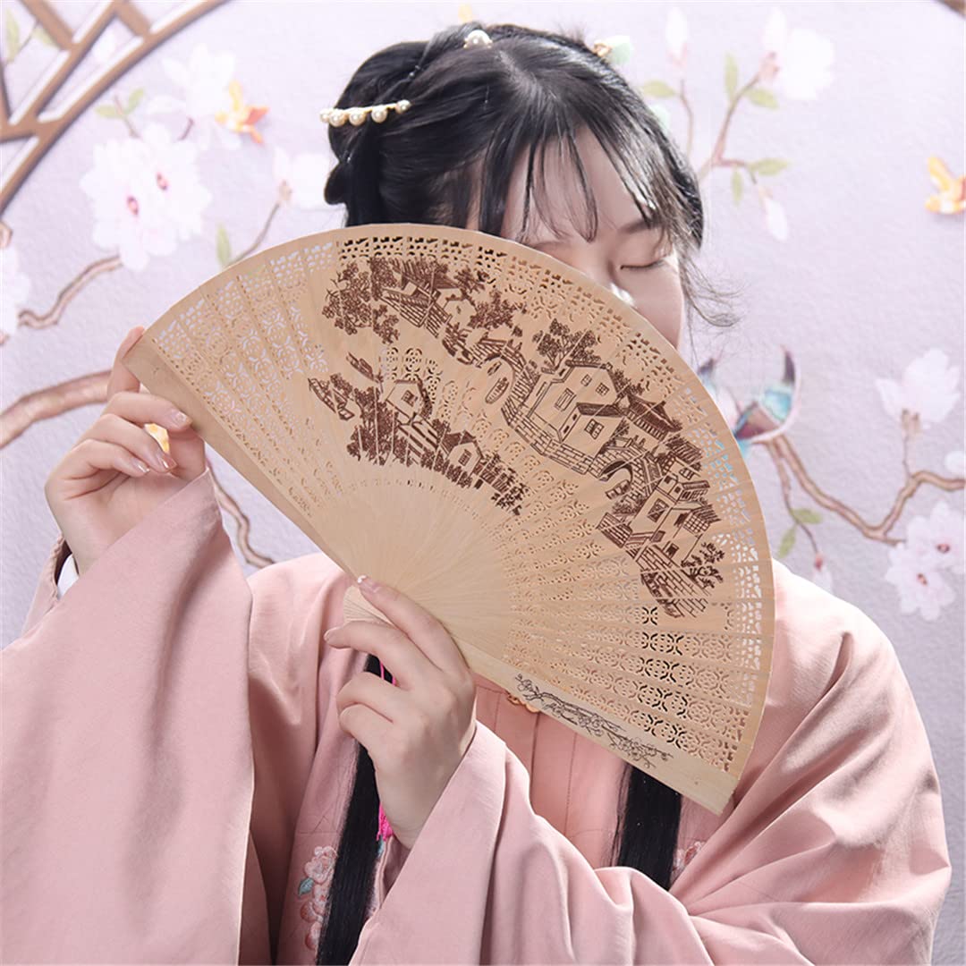 1PC Sandalwood Folding Fan - Handheld Ancient Style Decorative Fan with Hollow Carving for Home Decor, Wedding, Photo Props & Gifts