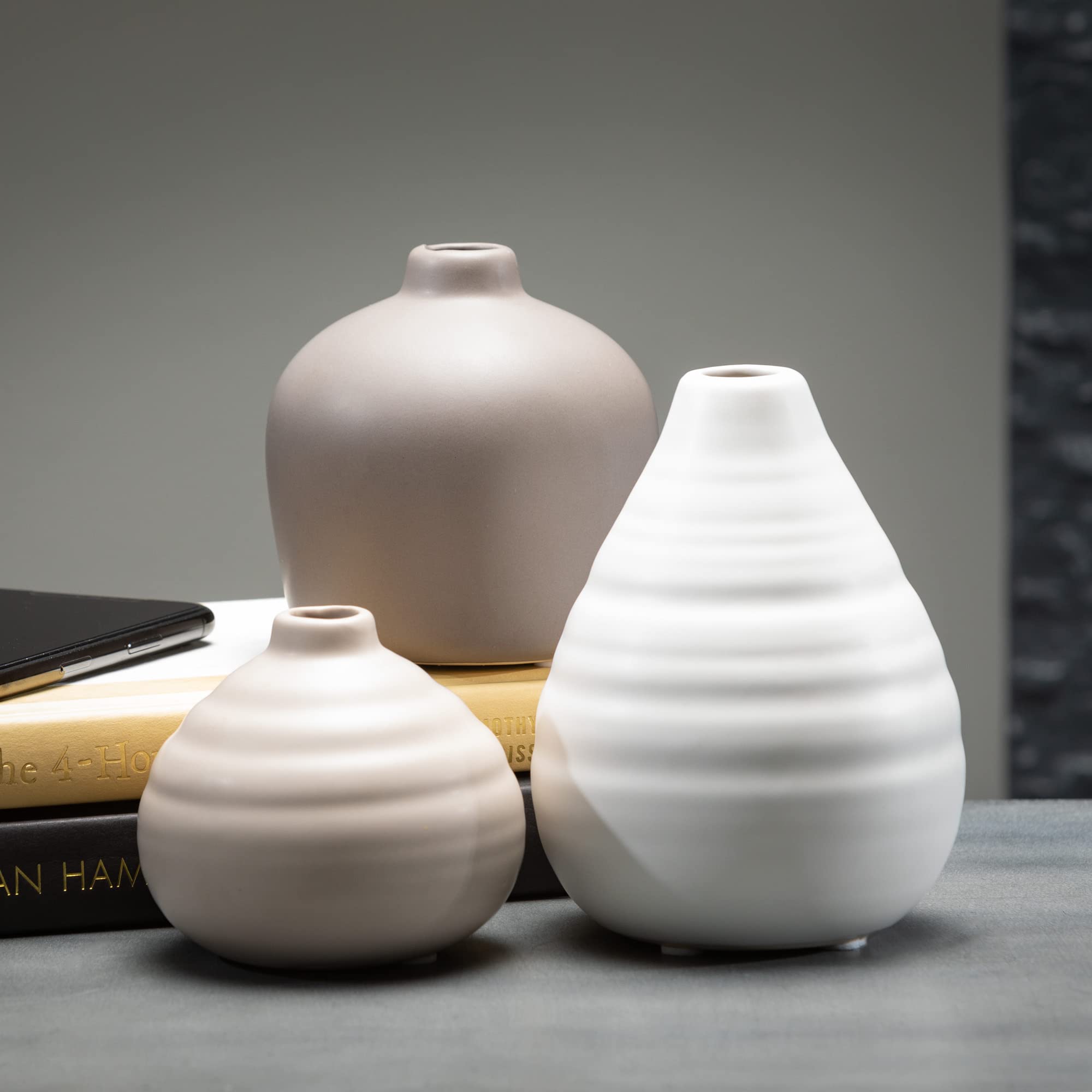 Modern Ceramic Bud Vase Set of 3 - Elegant Centerpiece for Table, Shelf, Coffee Table & Mantle Decor | Perfect for Weddings, Home Decor & Floral Arrangements