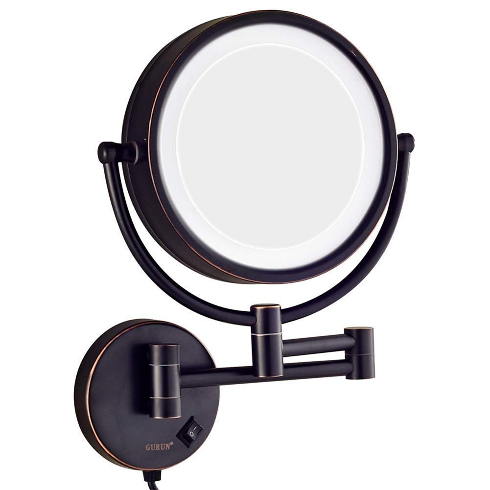 Black Wall Mounted Bathroom Mirror - Double Sided Brass Vanity Mirror with LED Lights, Magnifying & Shaving Mirror, Folding Design with Switch Plug (5X Size) - Perfect for Makeup, Grooming & Small Spaces