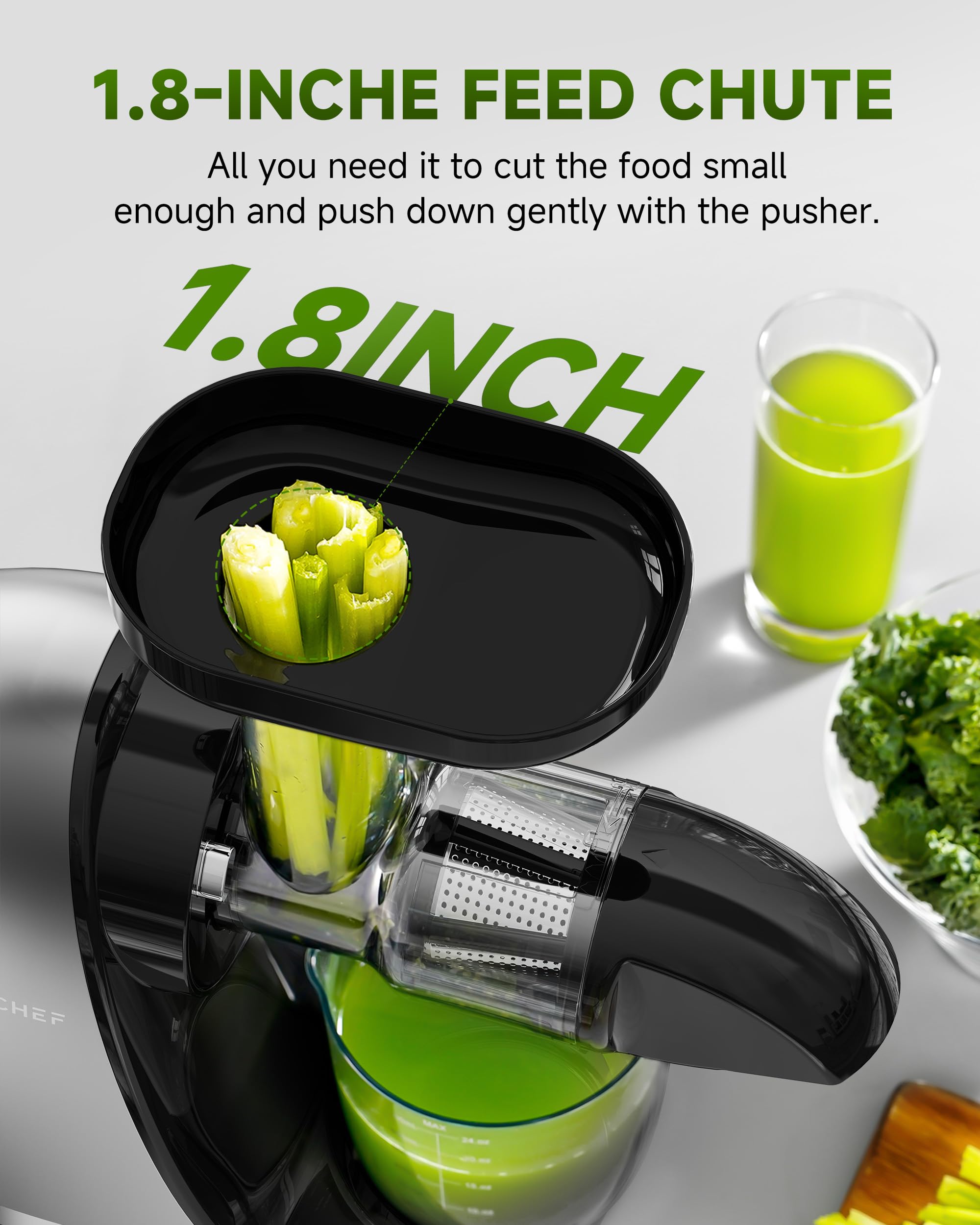 AMZCHEF Slow Masticating Juicer - Cold Press Whole Fruit & Vegetable Extractor with High Juice Yield, BPA-Free, Includes 2 Cups & Recipe Book (Grey) - Perfect for Healthy Juicing at Home, Office or Gym