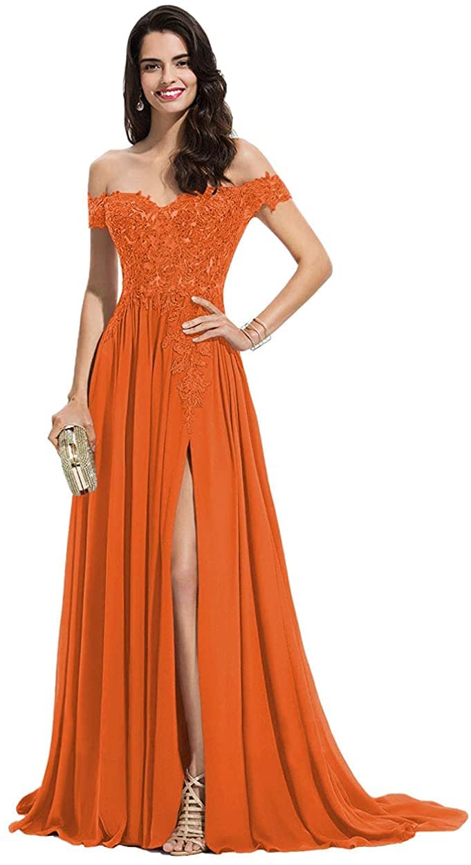 Elegant Chiffon Off-Shoulder Prom Dress with High Slit & Lace Applique - Women's Formal Evening Gown for Homecoming, Wedding Party & Special Occasions