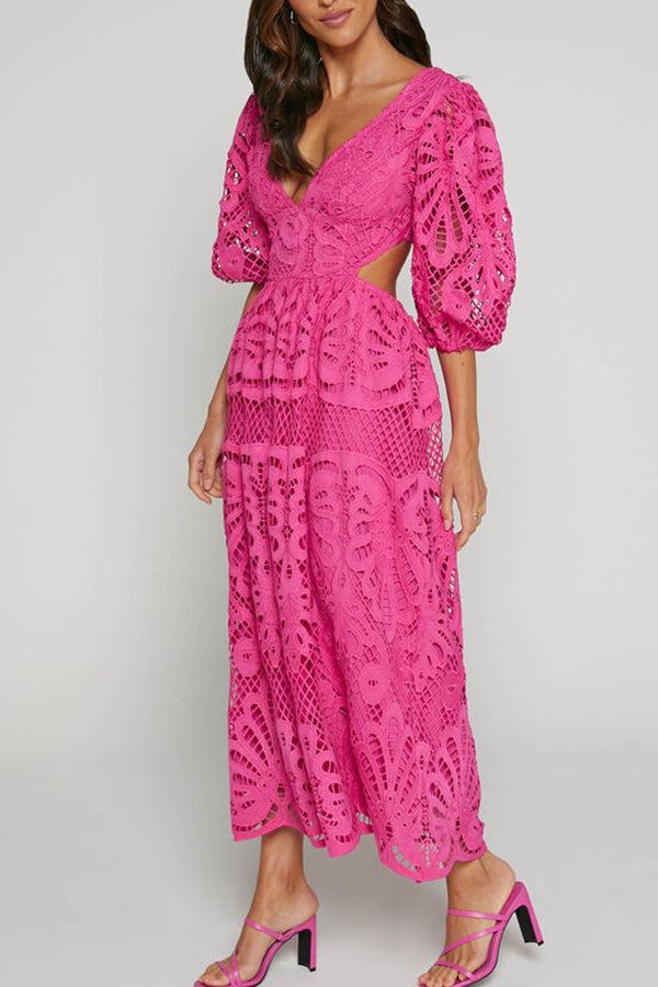 Elegant Solid Color V-Neck Lace Maxi Dress for Women - Sexy Hollow Out Waistless Long Dress for Summer, Beach, Party & Evening Wear