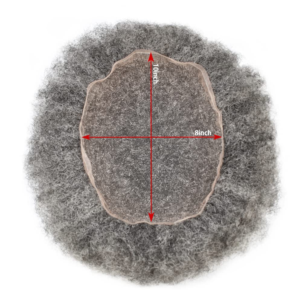 Afro Toupee for Black Men - Kinky Curly Human Hair Replacement System with Full French Lace | 8x10 Inch Afro Wave Wig for African American Men | Brazilian Human Hair Piece with Transparent Lace Base (#150 Jet Black with 50% Grey) - Perfect for Daily Wear, Special Occasions & Hair Loss Solutions