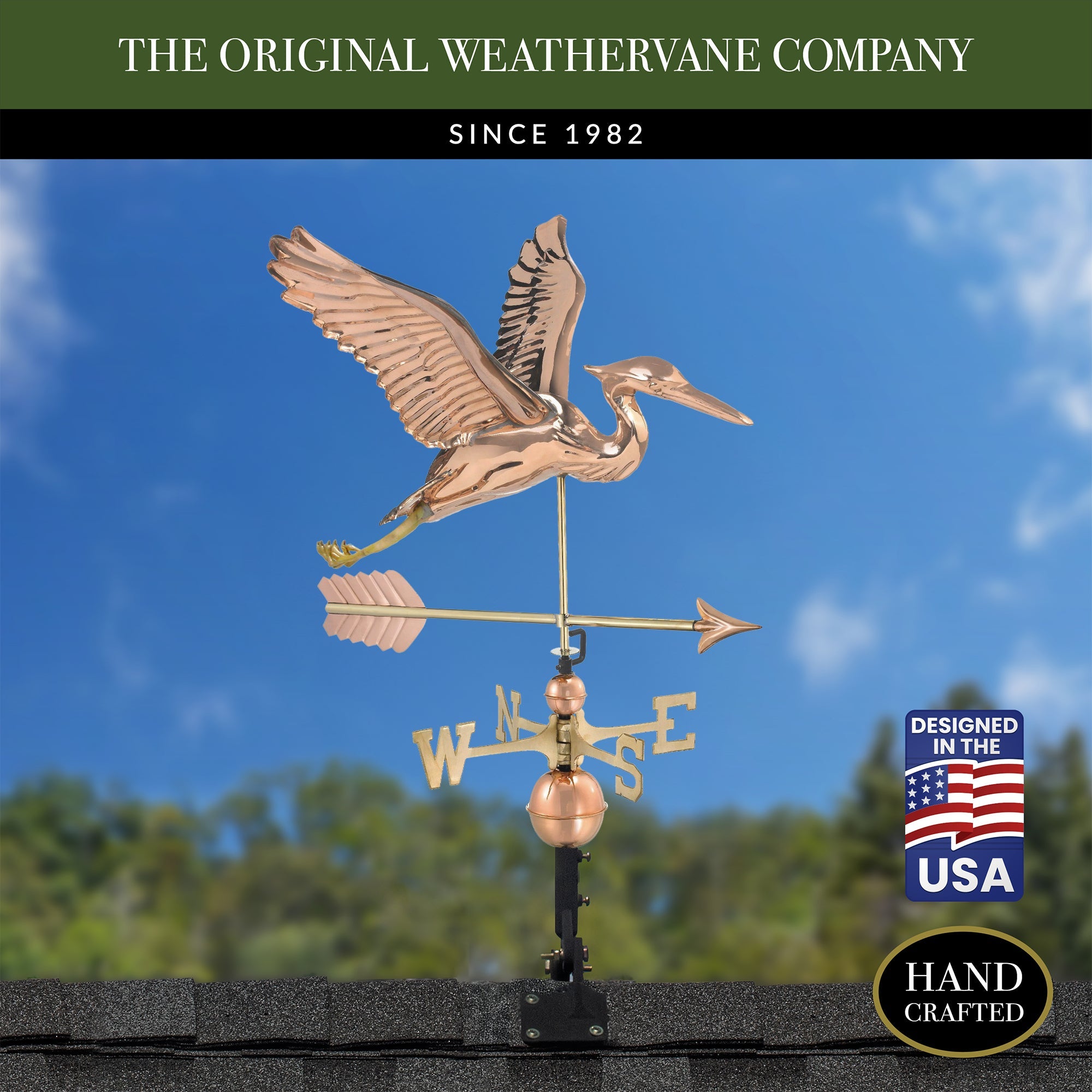 Blue Heron with Arrow Weathervane - Handcrafted Copper Garden Decor for Outdoor & Farmhouse Style (Perfect for Roof Tops, Barns, and Countryside Homes)